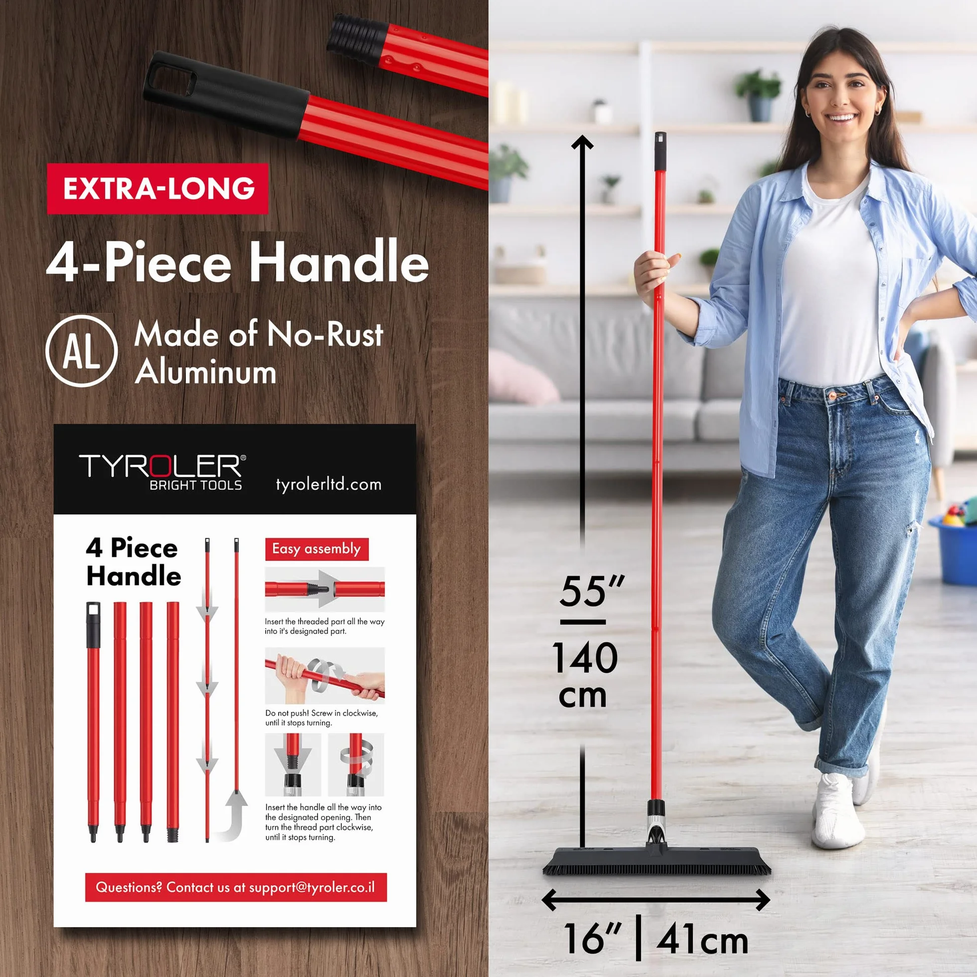 Tyroler 2-w-1 Gumowa Miotła i Ściągaczka do Podłogi | 41cm Szczotka do Podłogi 100% Guma, 140cm Rączka Antykorozyjna Miotła ze Ściągaczką | Idealna Miotła do Dywanów i Sierści Zwierząt (Czarny)