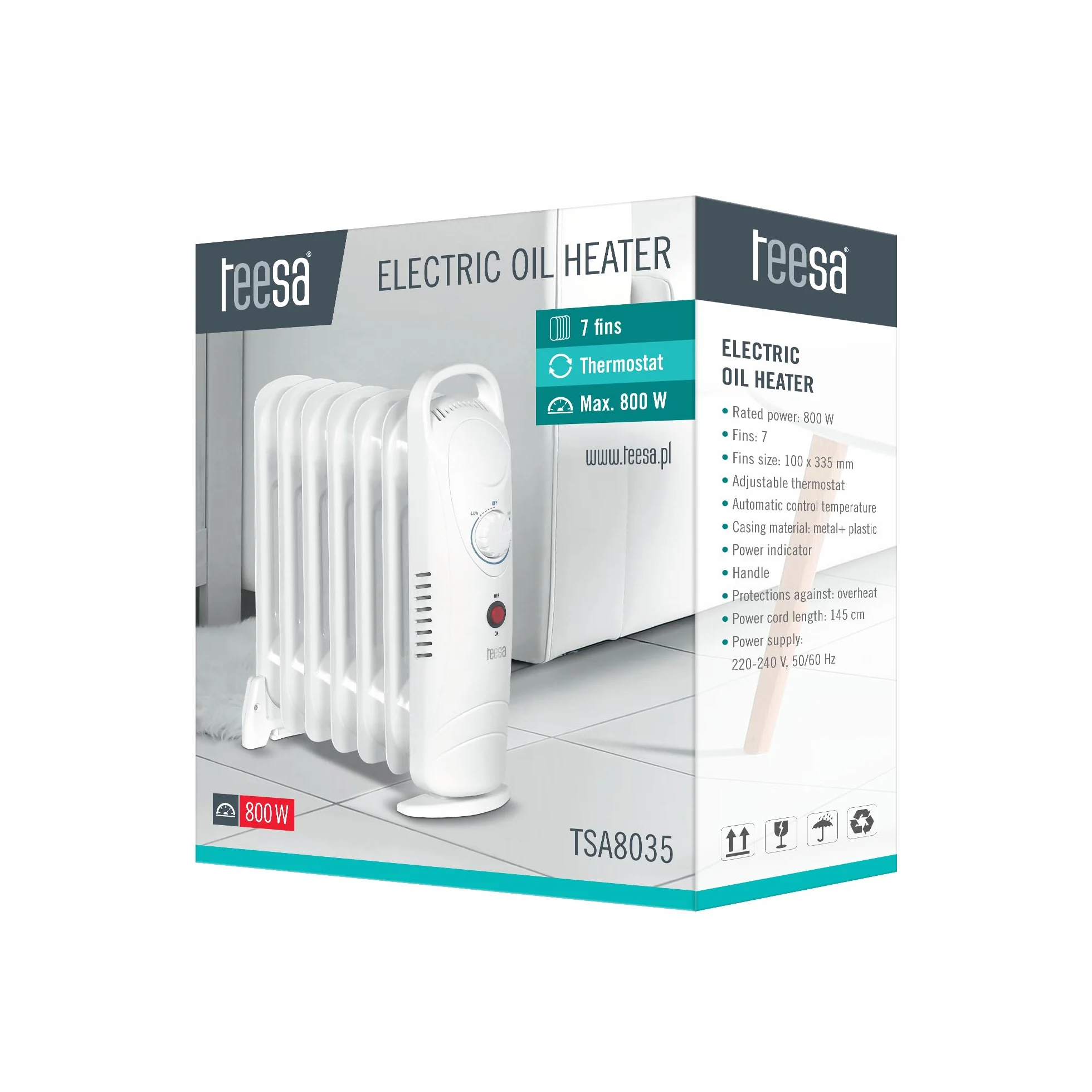 Teesa Elektryczny Grzejnik Olejowy TSA8035 800W 7 Żeberek Termostat