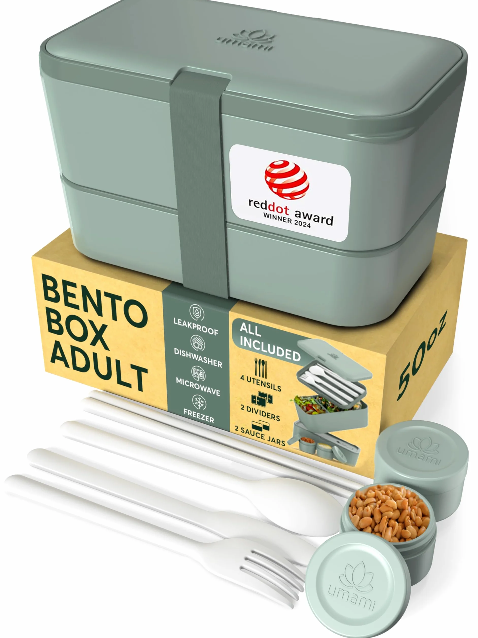 Umami Bento Lunch Box z 4 przegródkami, sztućce i 2 słoiki na sosy, do mikrofalówki