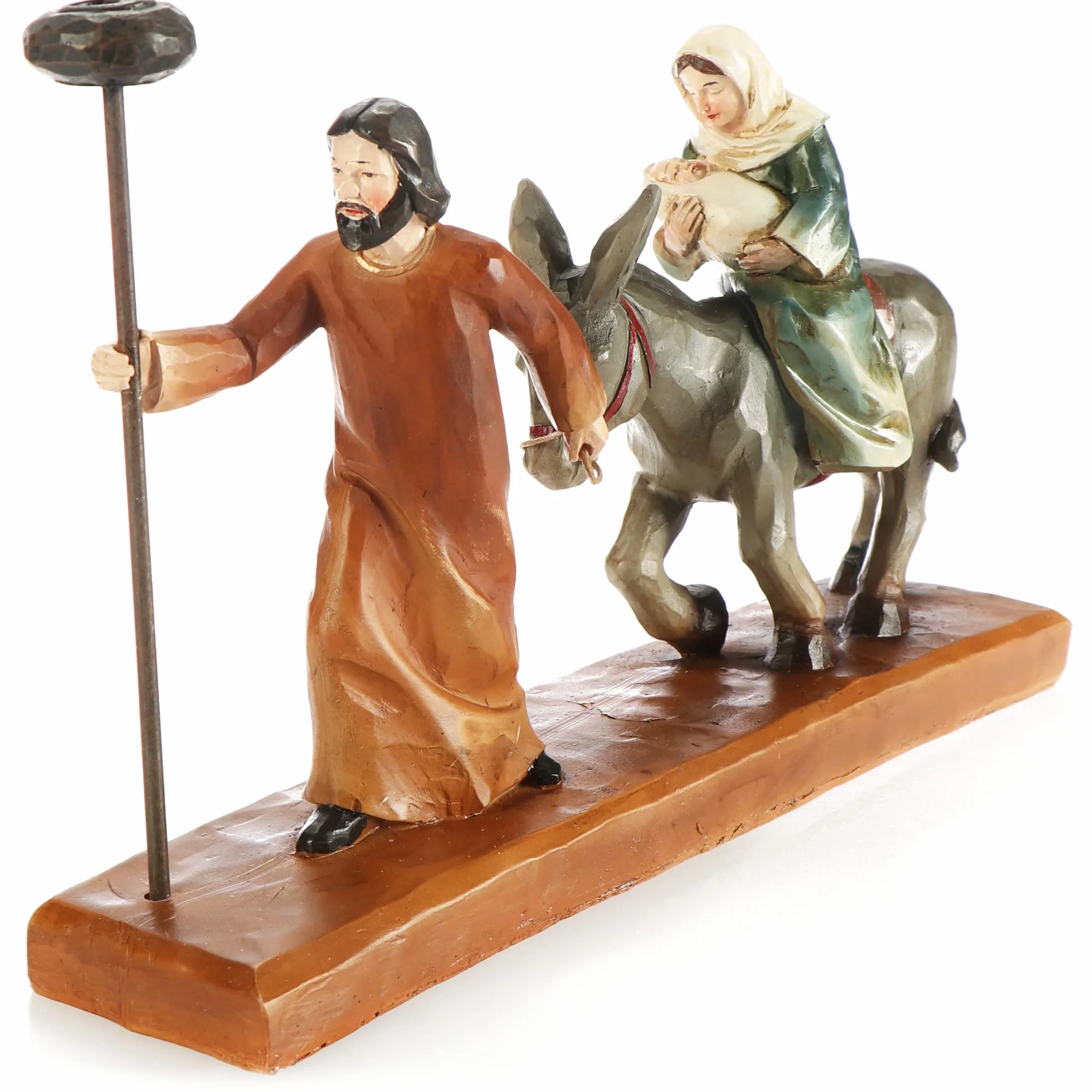 COM-FOUR figurki bożonarodzeniowe ze świecznikami - Chrześcijańskie ozdoby świąteczne - polyresin - Maryja, Józef i Jezus na osiołku - Ucieczka do Egiptu (Jaselka - brąz)