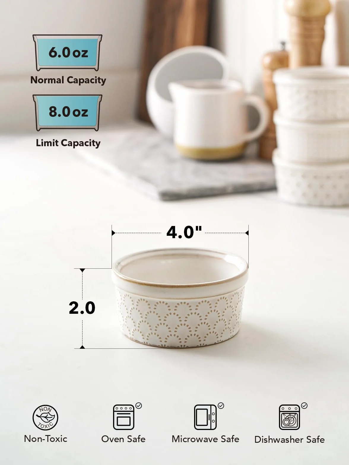 LE TAUCI Creme Brulee zestaw miseczek 170 ml x 4, foremki do souffli, do piekarnika, foremki do zapiekanek do ciasta lawowego, puddingu, ciast garnkowych – 10,8 cm, kolor arktyczny biały