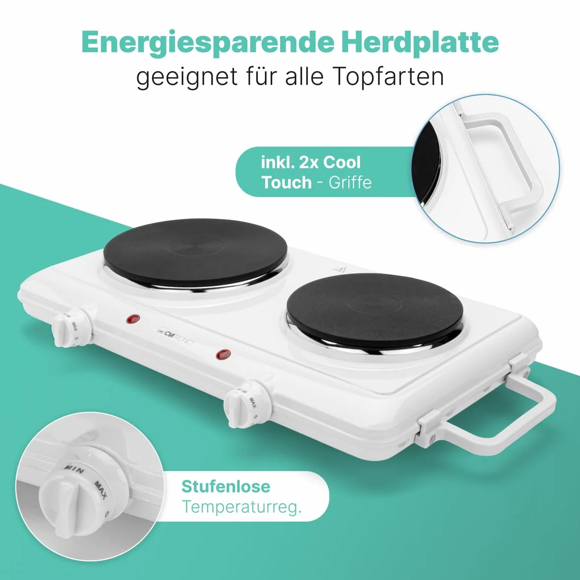 Clatronic Podwójna płyta grzewcza 180 mm 150 mm 2 bezstopniowe termostaty lakier odporny na wysokie
