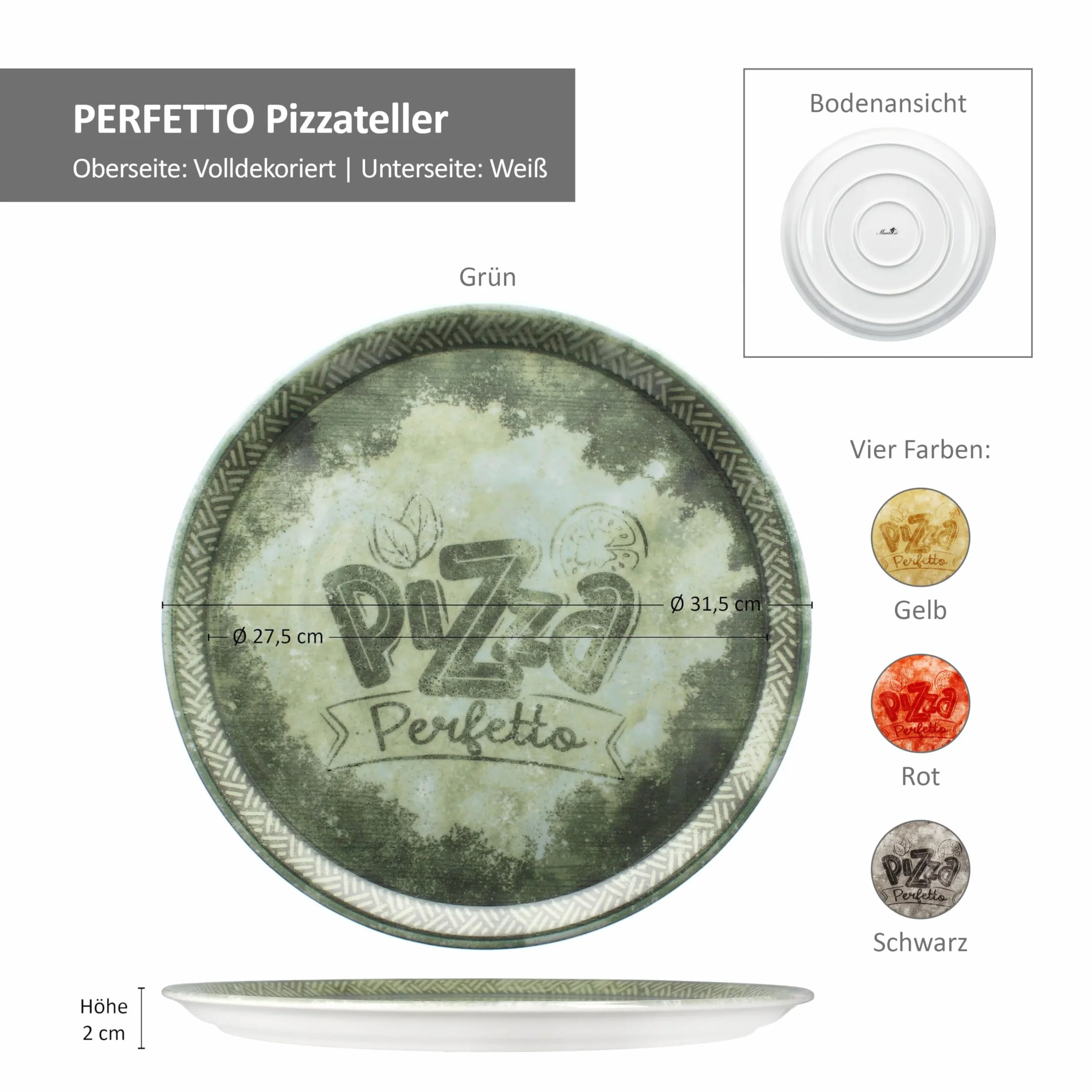 MamboCat 4-częściowy zestaw talerzy do pizzy Perfetto Ø 31,5 cm, talerze porcelanowe po 1 x w kolorze żółtym, zielonym, czerwonym i czarnym, idealne do pizzy, ciasta płomieniowego i wielu innych, duży