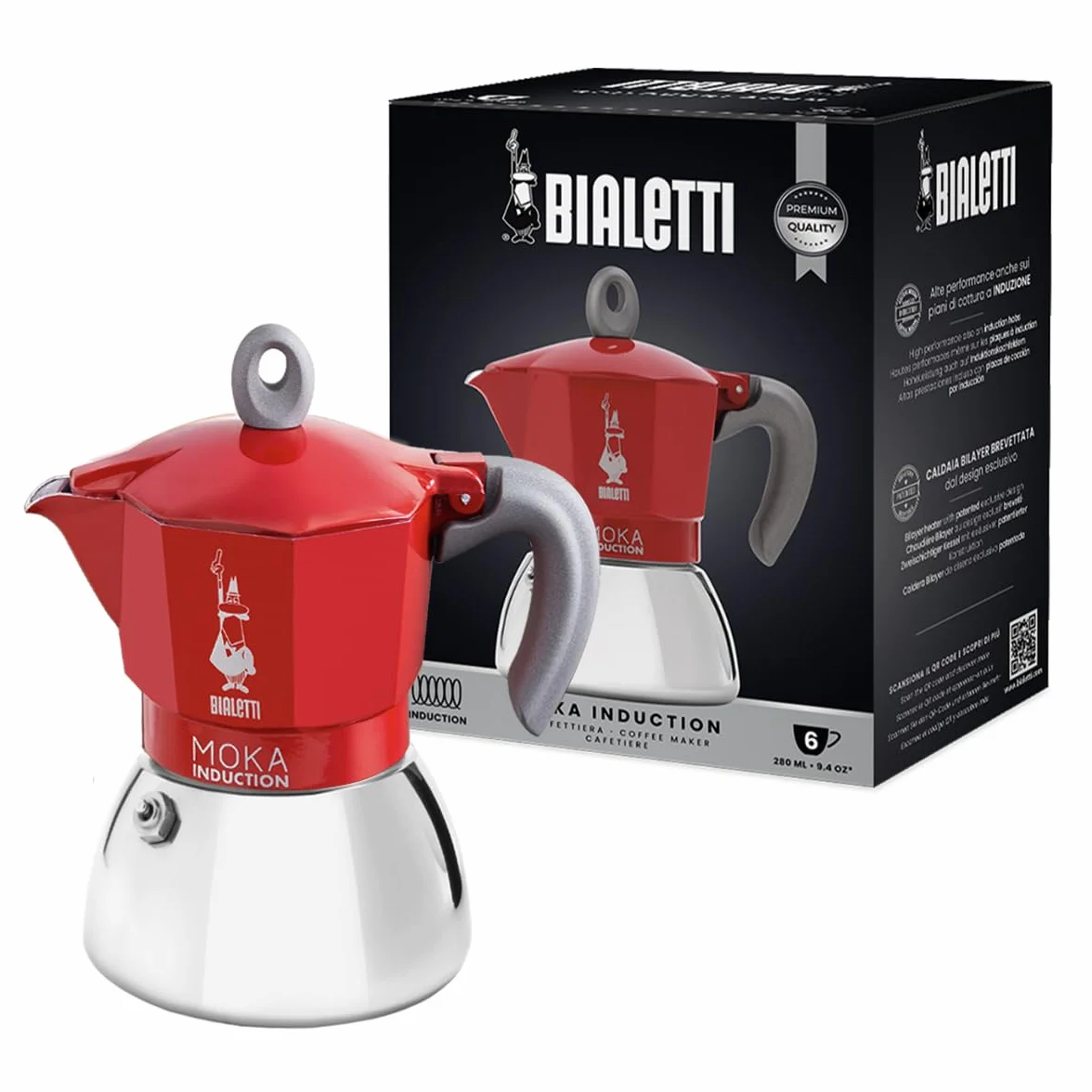 Bialetti – Moka Induction, Kawiarka Do Użytku Na Wszystkich Kuchenkach, Na 6 Filiżanek Espresso (280 Ml), Czerwona [Klasa energetyczna A+]