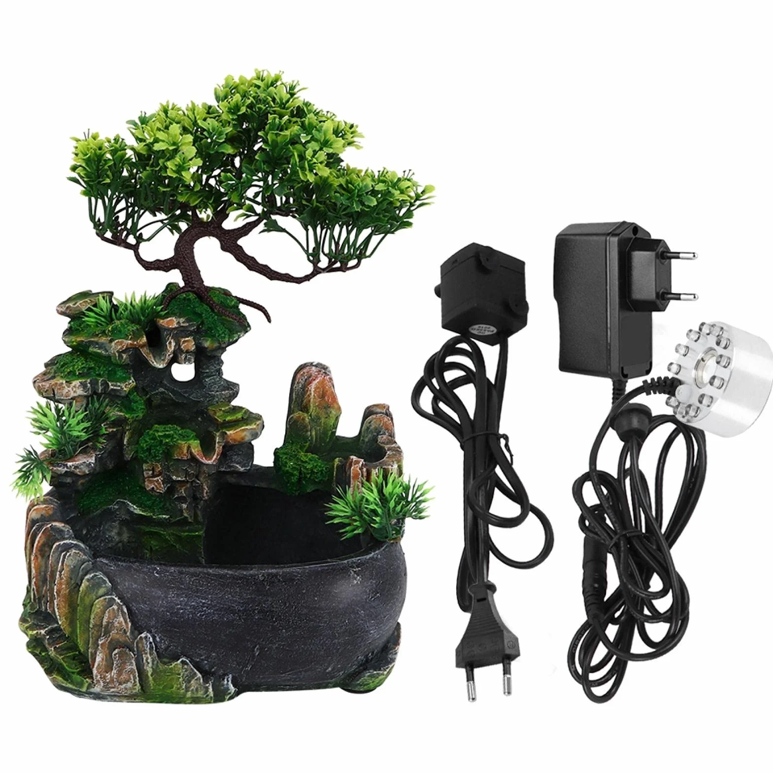 Fontanna na biurko, fontanna LED z wodospadem ze zmianą koloru, wewnętrzna fontanna na biurko do dekoracji biurka Symulacja Rockery Humidifier Decor (EU 220V)
