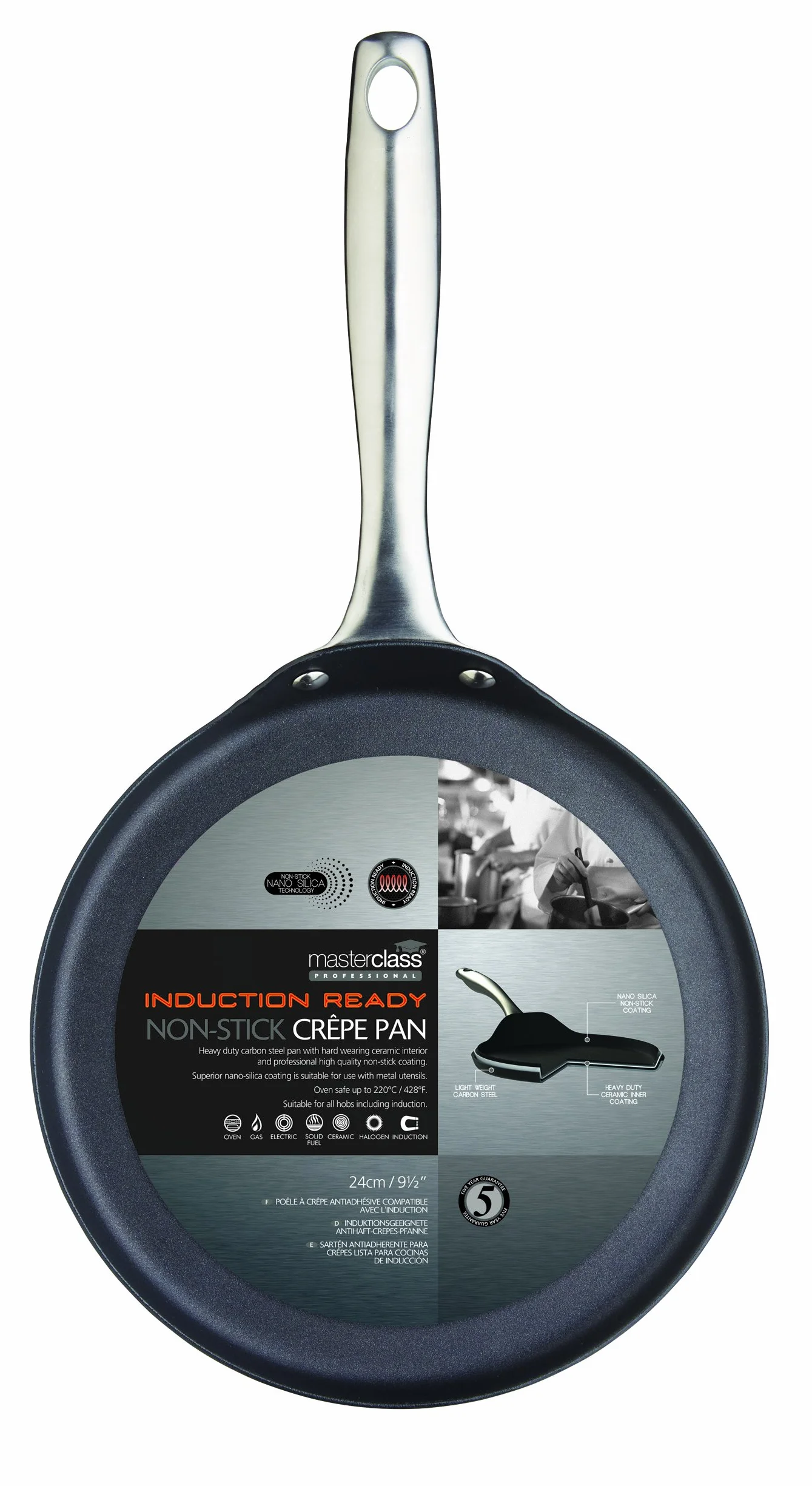 MasterClass Patelnia do Naleśników ze Stali Węglowej 24 cm, Nieprzywierająca, Indukcja, Czarny