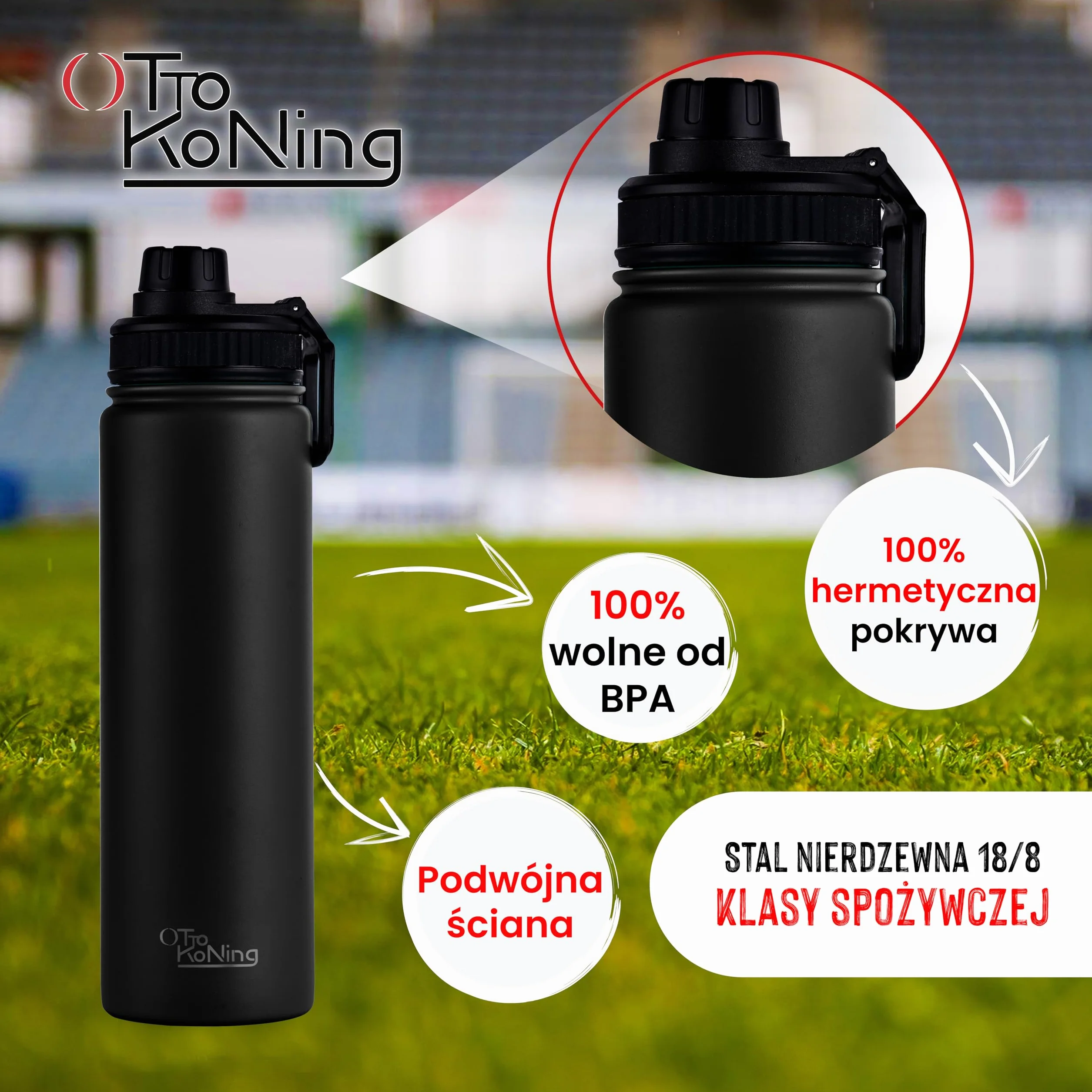 Otto Koning Butelka Wody ze Stali Nierdzewnej 750ml - Termos z Podwójną Ścianą Izolowaną Próżniowo, Bez Kondensacji i Oparzeń na Zewnątrz, Utrzymuje Napój Zimny przez 16h i Gorący przez 10h, Wodoszcze