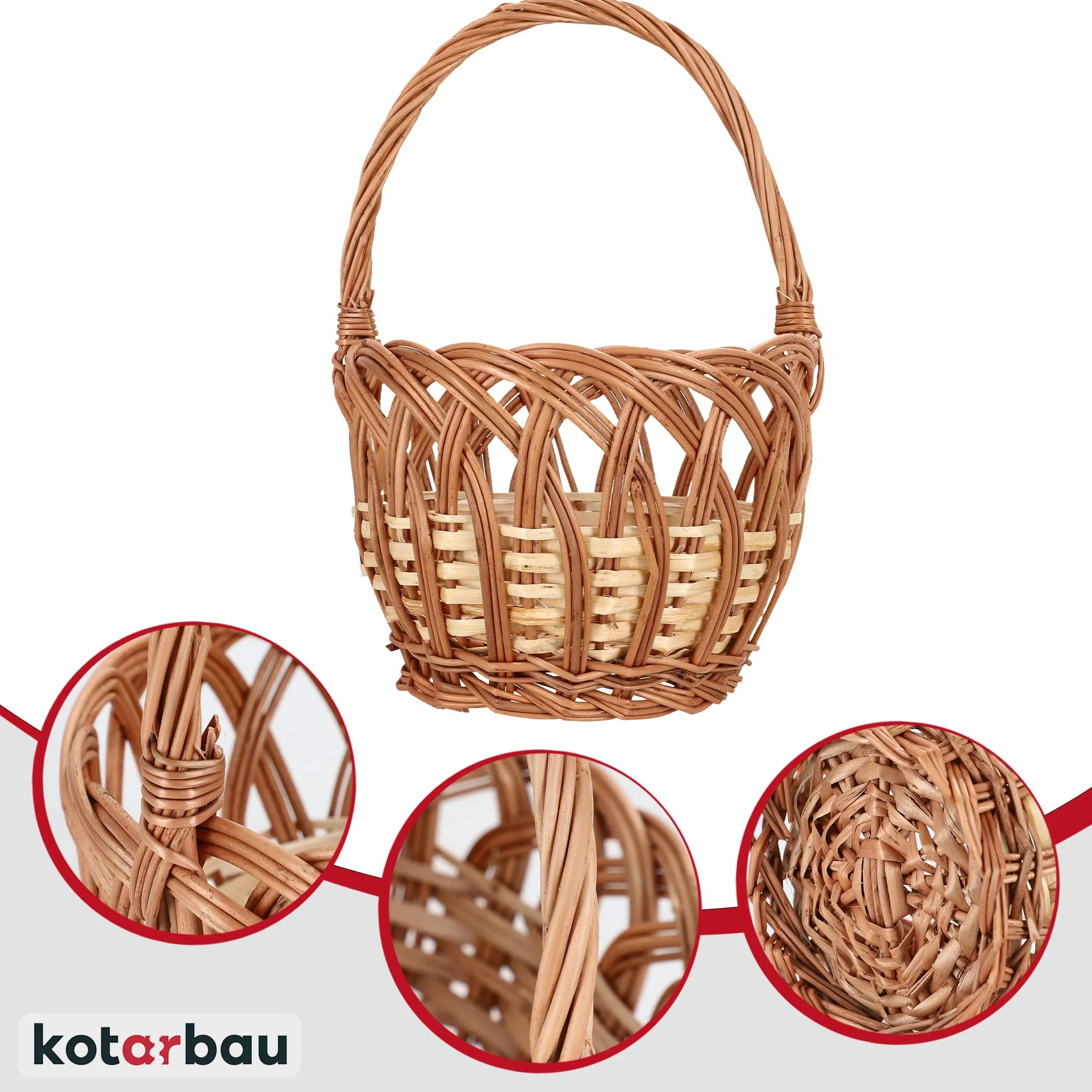 KOTARBAU® Koszyk Wiklinowy dla Dzieci - 25 X 17 CM - Koszyczek Wielkanocny Dziecięcy - Brązowy z Białą Aplikacją
