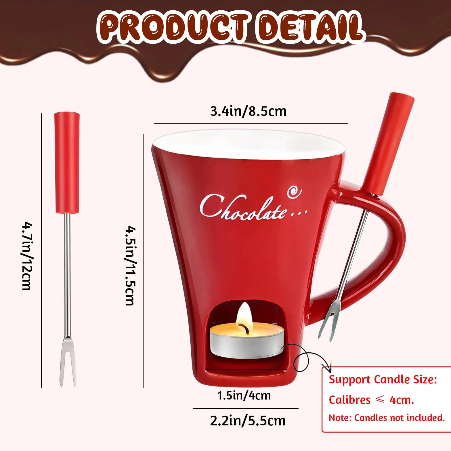 Kubek do fondue czekoladowego z widelcem, ceramiczna filiżanka do topienia czekolady, podgrzewacz do masła, podgrzewacz do sera, kubek do topienia czekolady na randkę, prezent urodzinowy, ślubny (bez