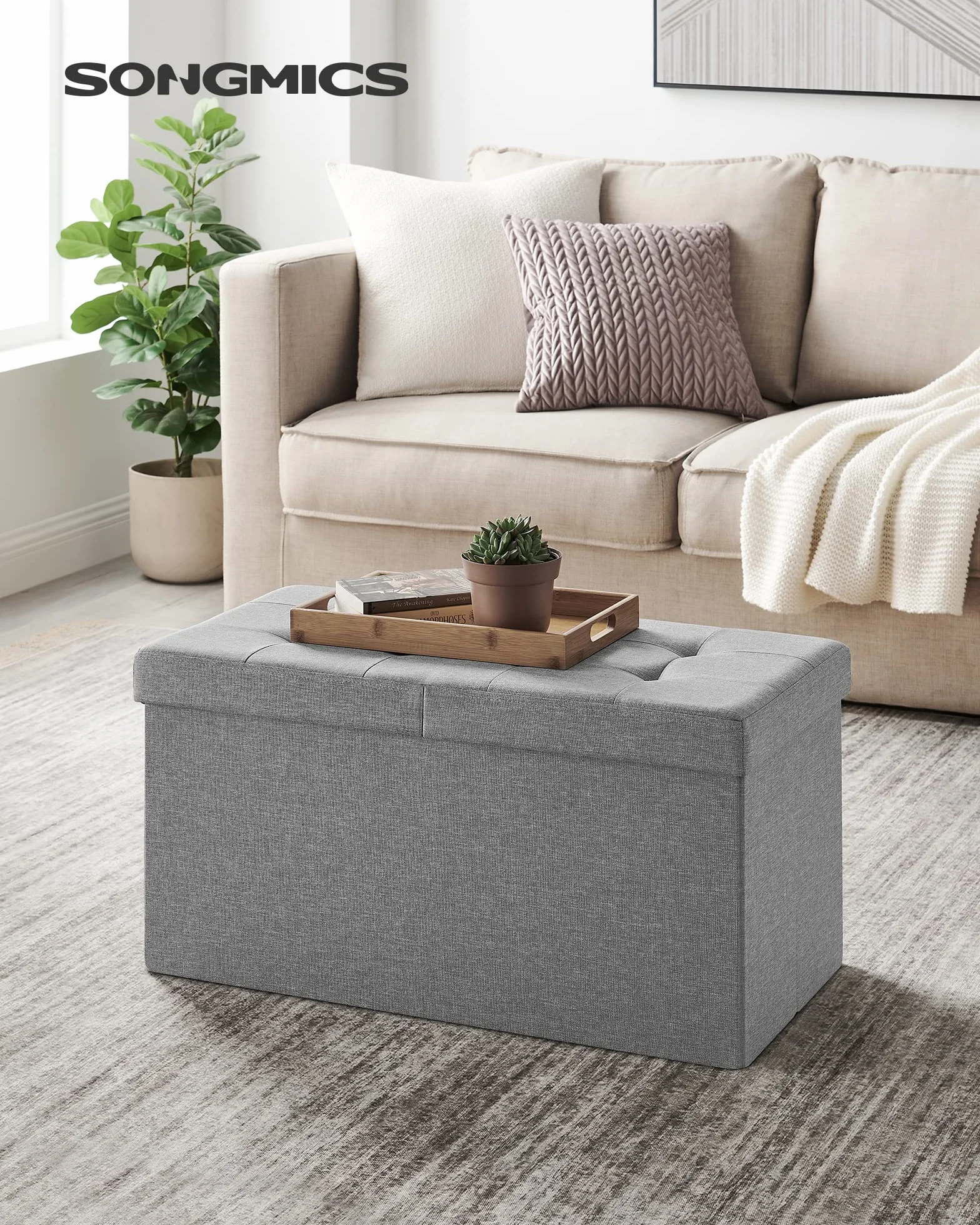SONGMICS Ławka z miejscem do przechowywania 300 kg 80L 38x76x38 cm tkanina lniana jasnoszara LSF41G
