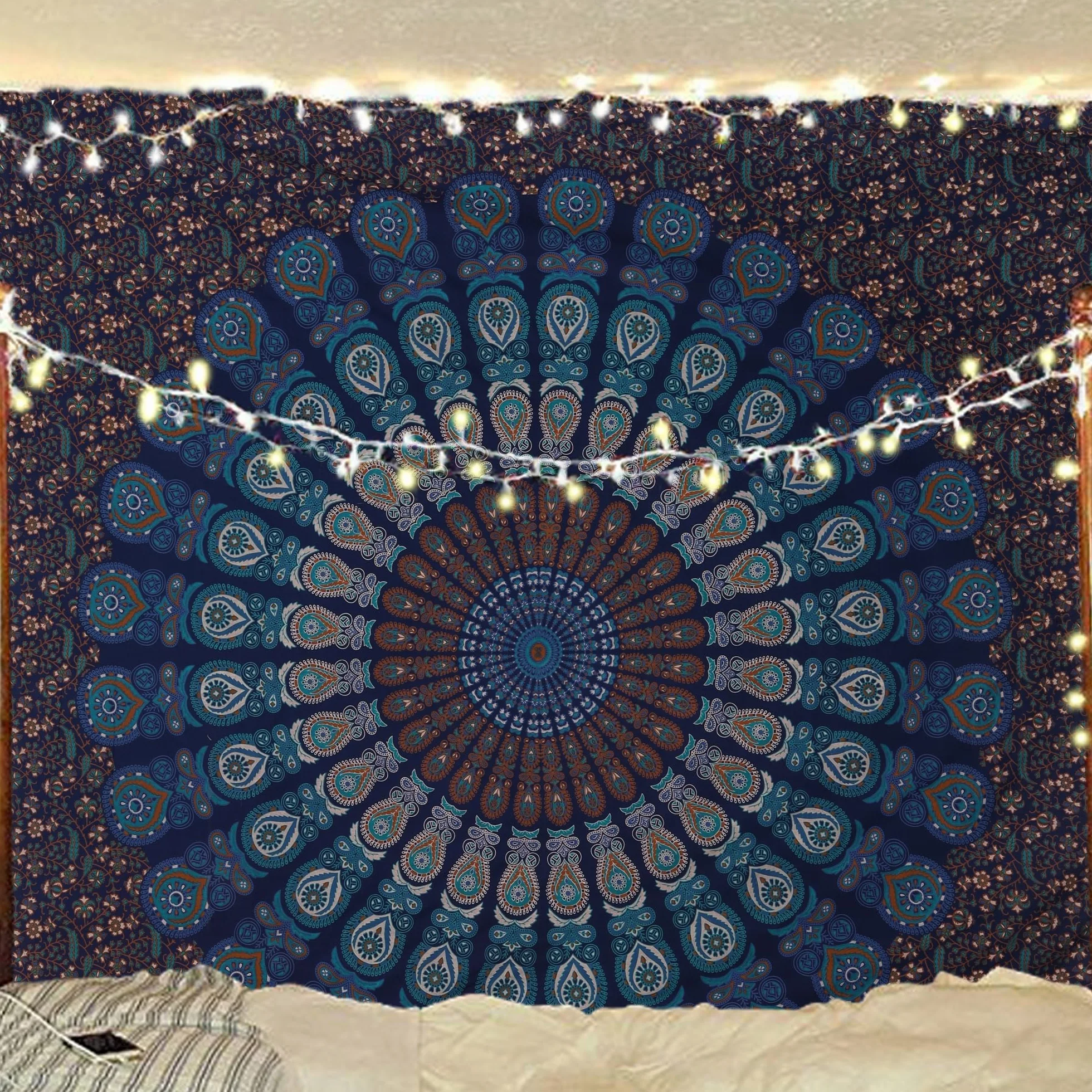 Boho Mandala Gobelin ścienna niebiesko-zielony 225 x 265 cm
