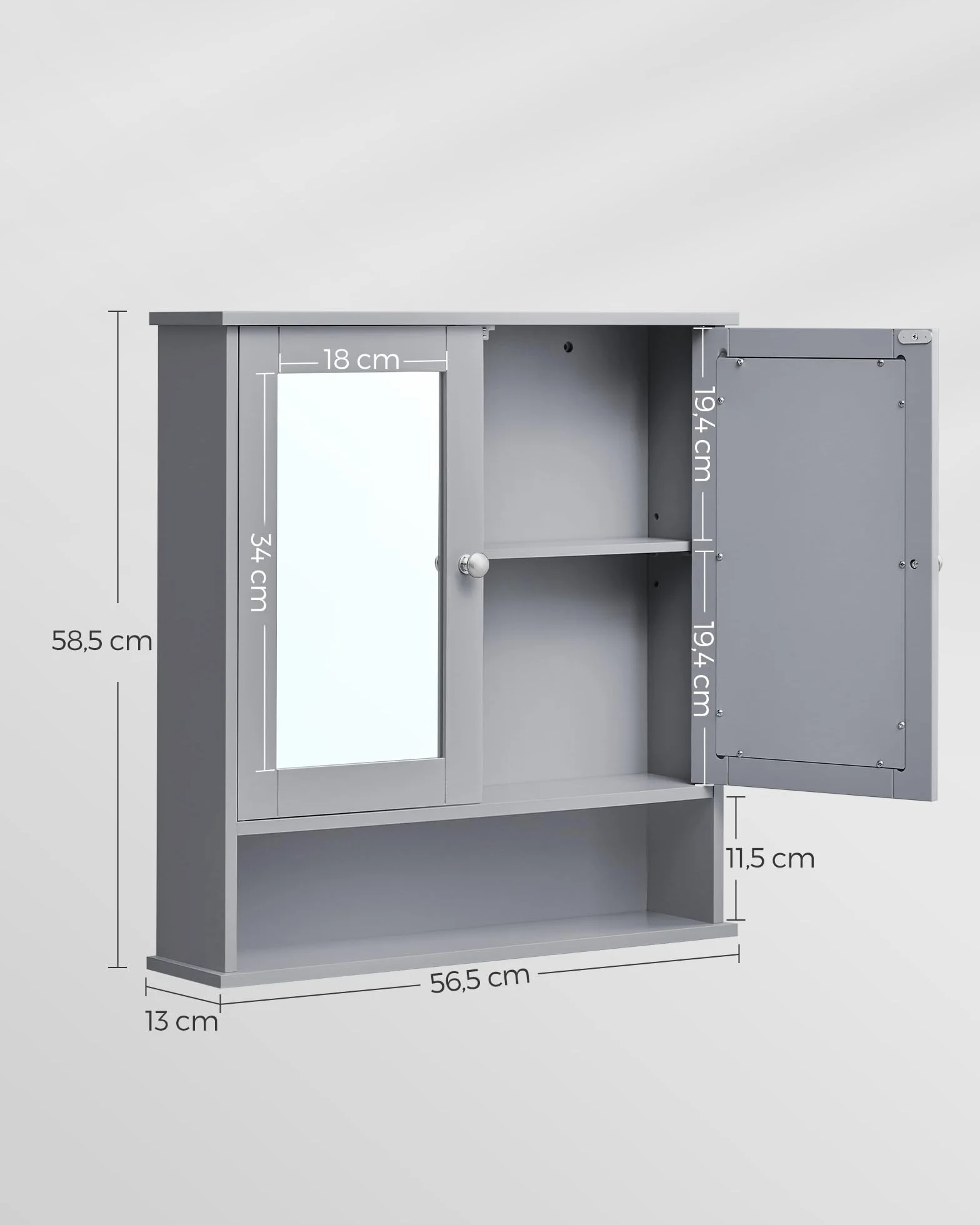 VASAGLE Szafka ścienna 2 drzwi z lustrem 13 x 56,5 x 58,5 cm szary żółwiowy