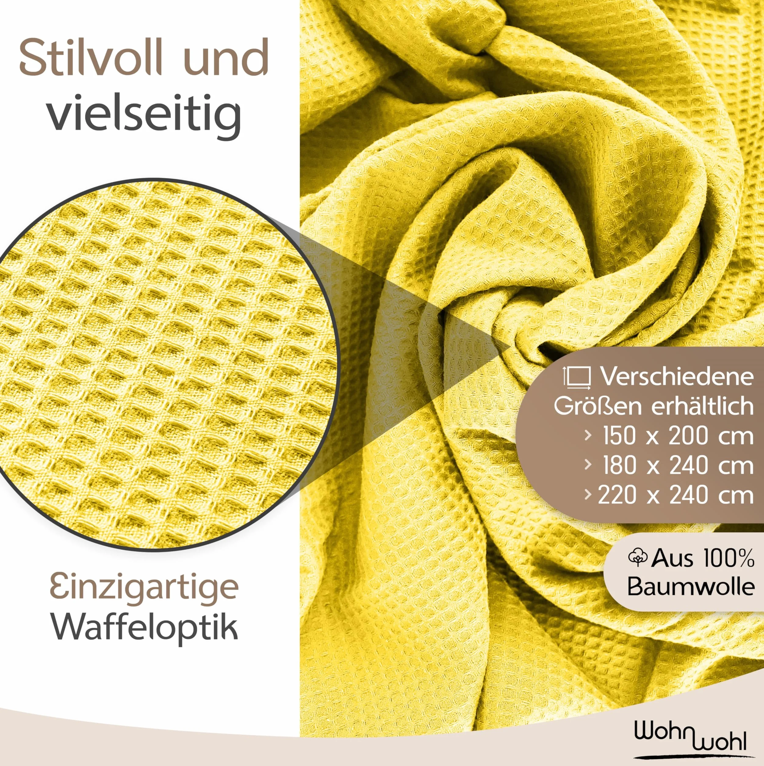 lekki koc waflowy, narzuta, 150 x 200 cm, letni, w 100% z bawełny, przewiewny, na sofę, o wszechstronnym zastosowaniu, łatwy w pielęgnacji, kolor: żółty