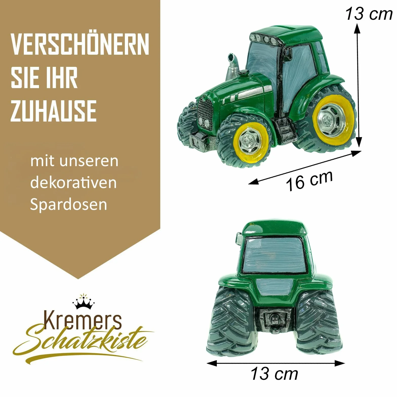 Kremers Schatzkiste Zielona skarbonka traktor ręcznie malowana 16 cm figurka farma prezent