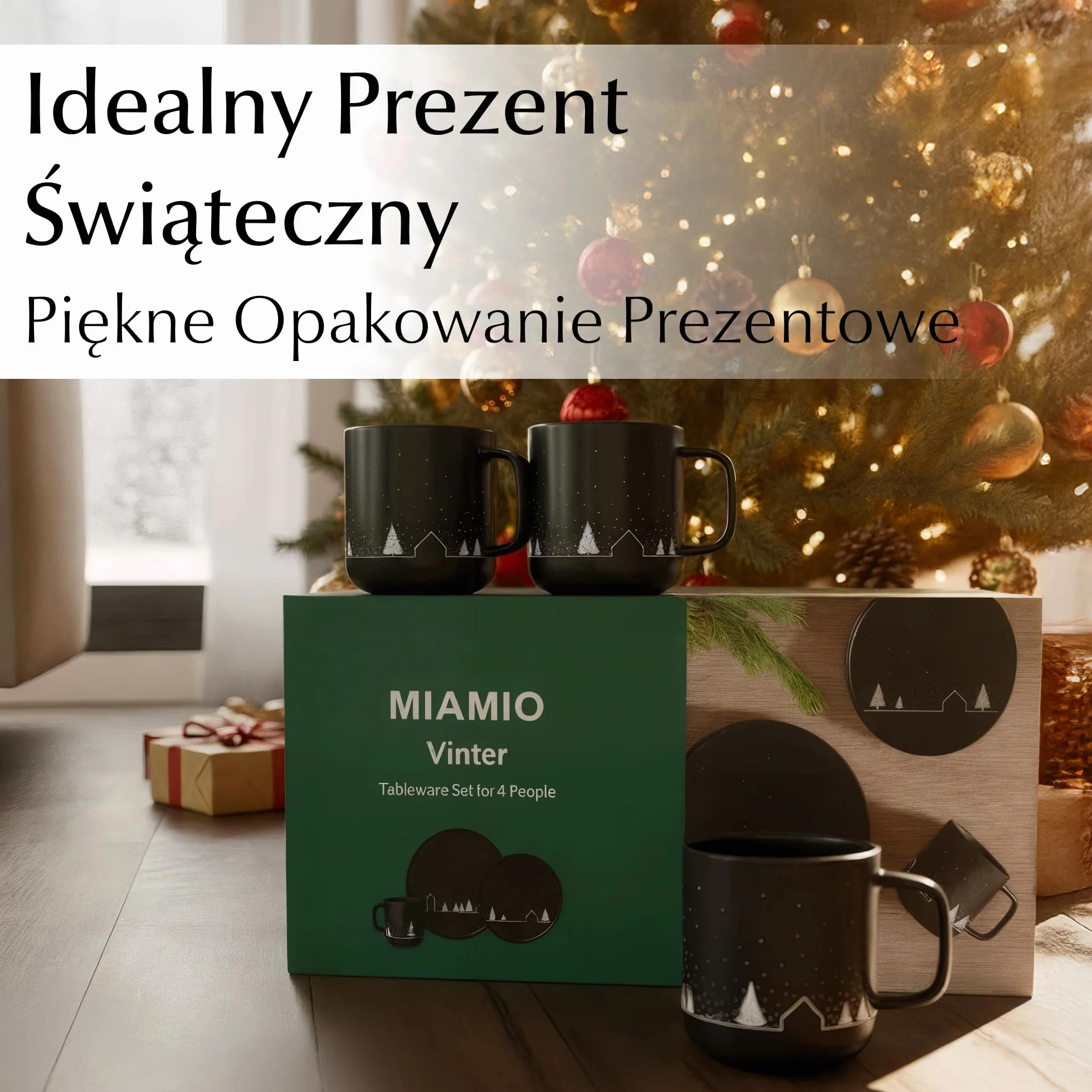 MIAMIO – Zestaw Waresów Bożonarodzeniowych 12 Sztuk/Zestaw Talerzy Bożonarodzeniowych z Kubkami w Minimalistycznym Designie (Serwis dla 4 osób) / Odpowiedni do Zmywarki i Mikrofali – Kolekcja Vinter