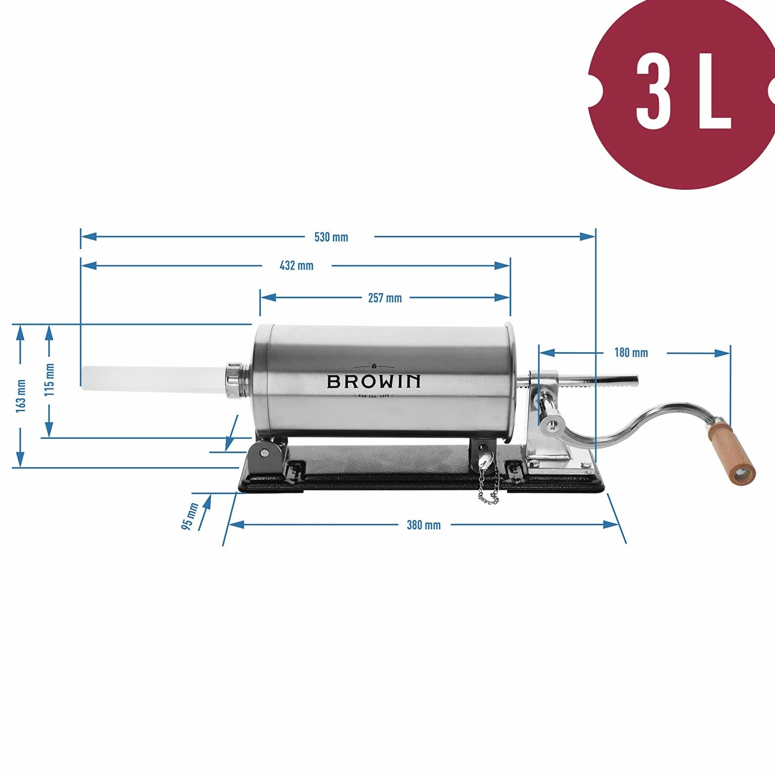 Browin 311003 Ręczna nadziewarka pozioma 3 kg, maszyna do robienia kiełbasy, stal nierdzewna + 4 lejki 14-25 mm