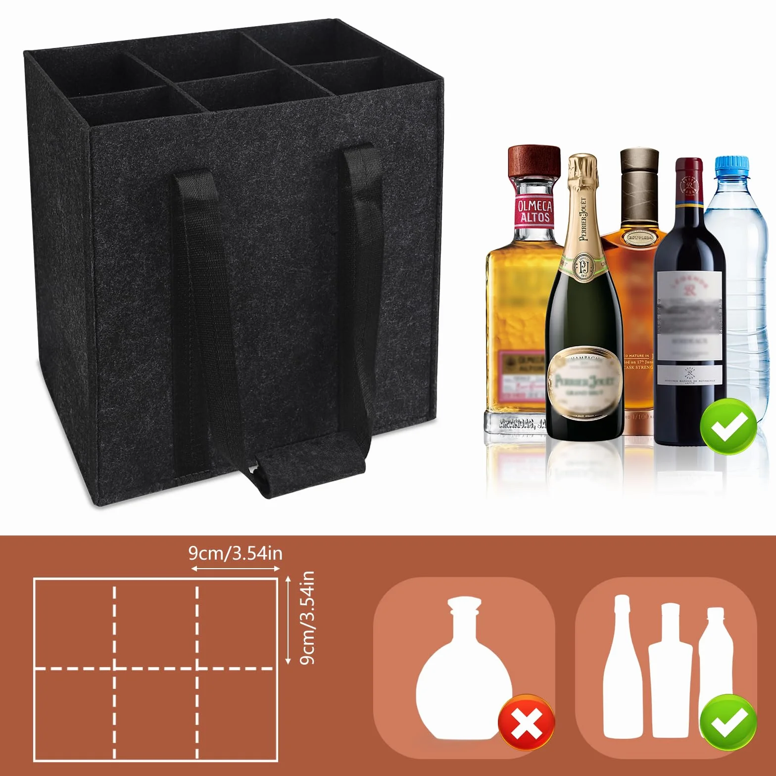 Torba na butelki z filcu z recyklingu, 6 przegródek, 1,5 l, 2 szt.