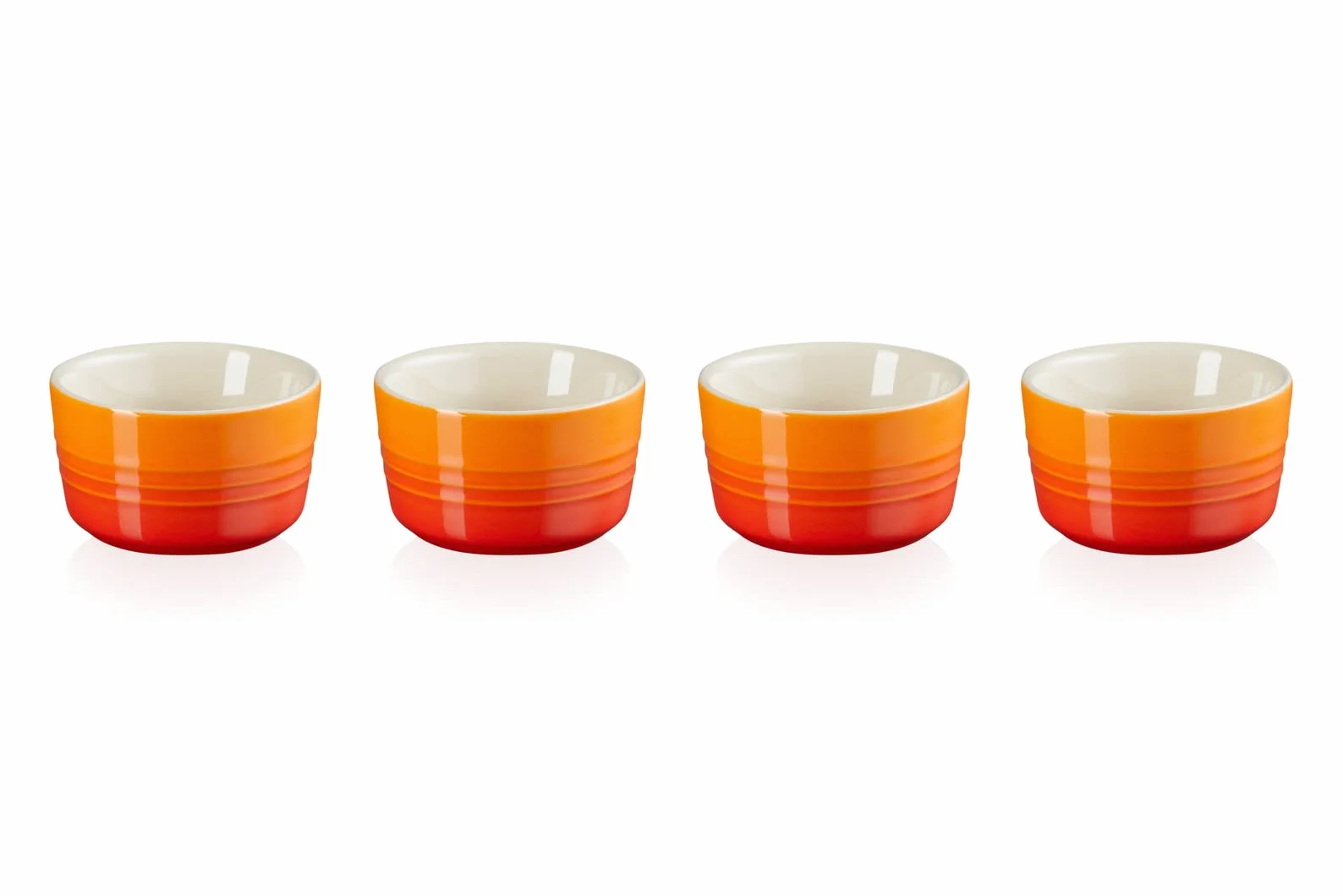 Zestaw 4 emaliowanych foremek kamionkowych, mini zestaw 4 okrągłych naczyń 100 ml, płomienny