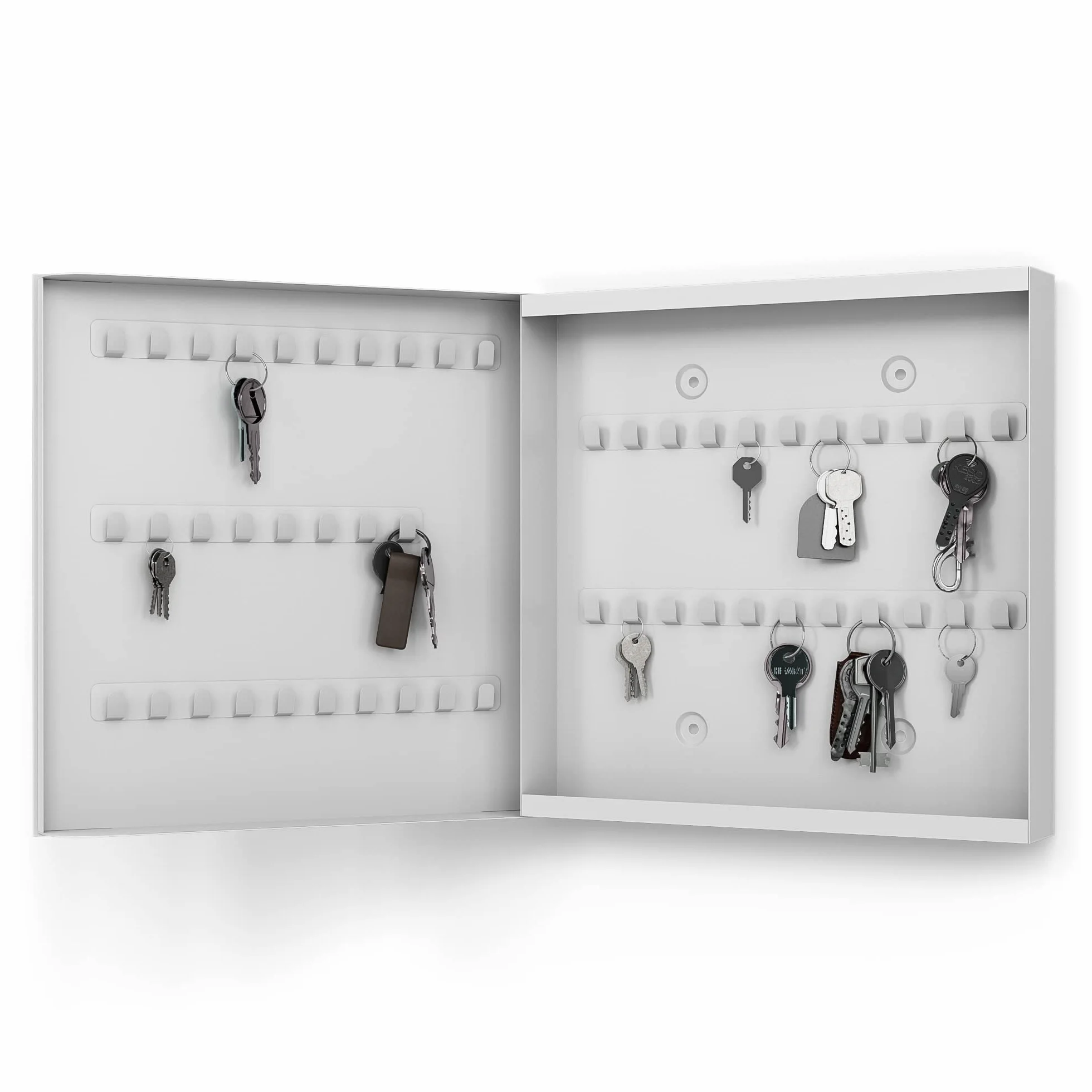 DEQORI Skrzynka na klucze 30x30 cm szklana metalowa 50 haczyków 2 magnesy