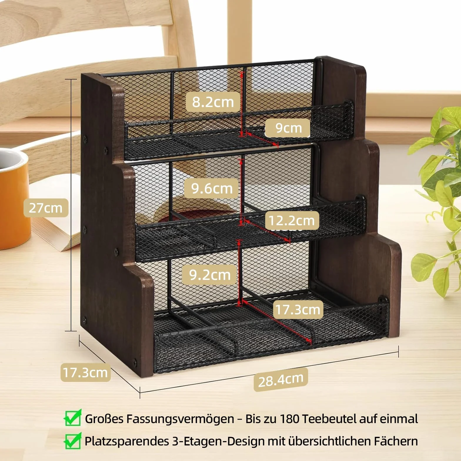 THYGIFTREE 3-poziomowy uchwyt na torebkę na herbatę, organizer na herbatę z litego drewna, do kuchni, biura, na blat, opakowania cukru, uchwyt na śmietankę (czarny)