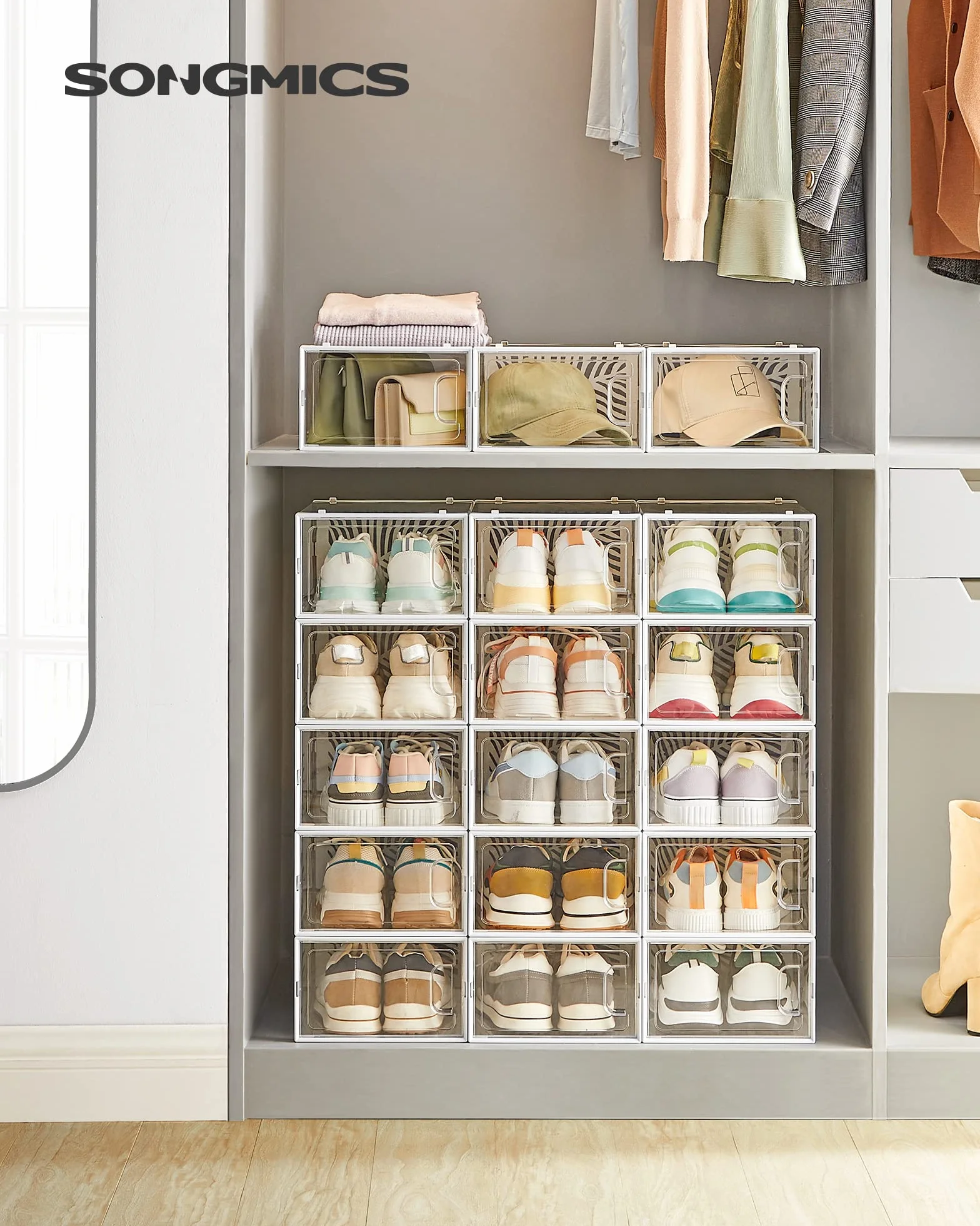 SONGMICS Organizer na Buty, Zestaw 12 Pudełek, Składany Transparentny Biały, LSP106W12