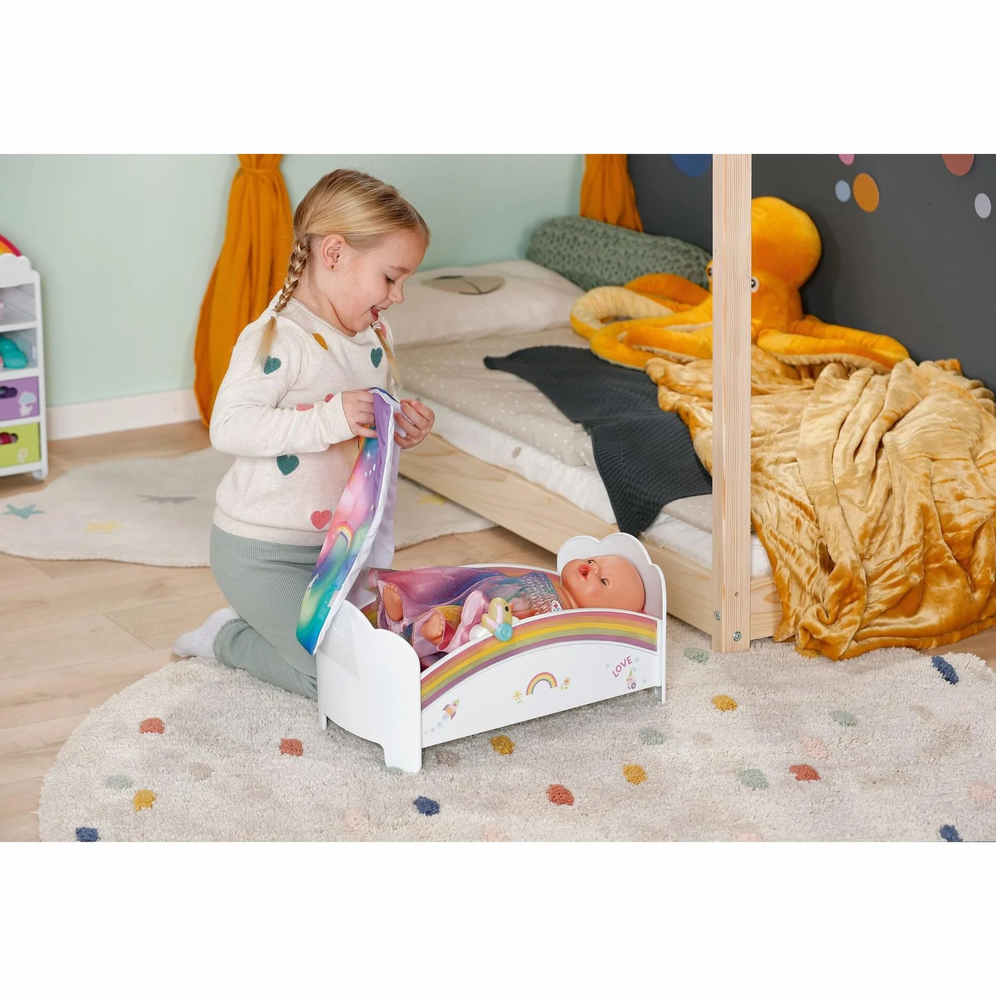 BABY born Rainbow Bed - Łóżko dla lalek z tęczowym światłem i melodią do zasypiania - Akcesoria dla lalek z odwracalną pościelą i naklejkami - dla dzieci od 3 lat