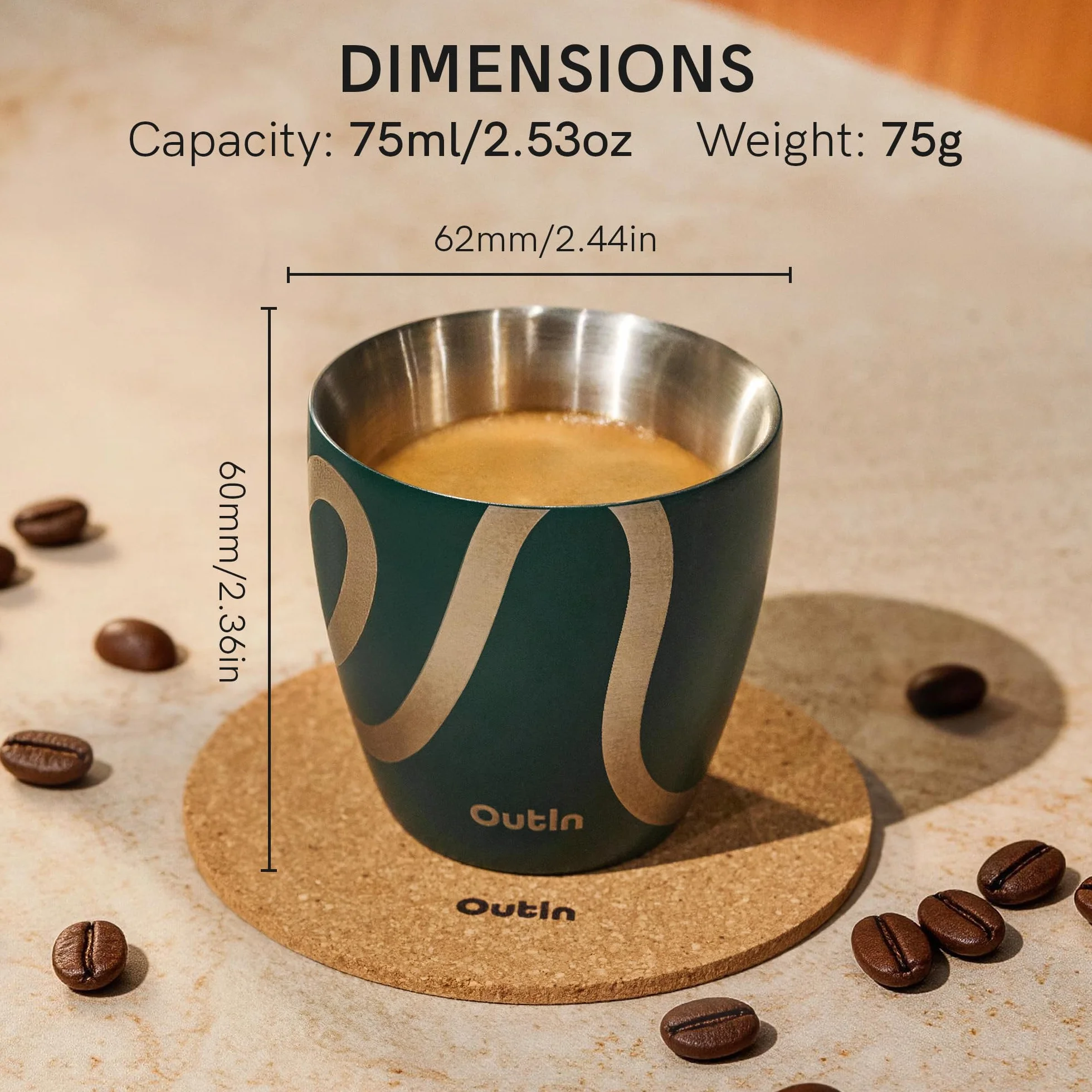 OutIn Zestaw 2 Filiżanek do Espresso, Podwójna Ścianka Izolacyjna 75ml ze Stali Nierdzewnej, Przenośne Kieliszki do Espresso na Kemping, Kompatybilne z Ekspresami OutIn