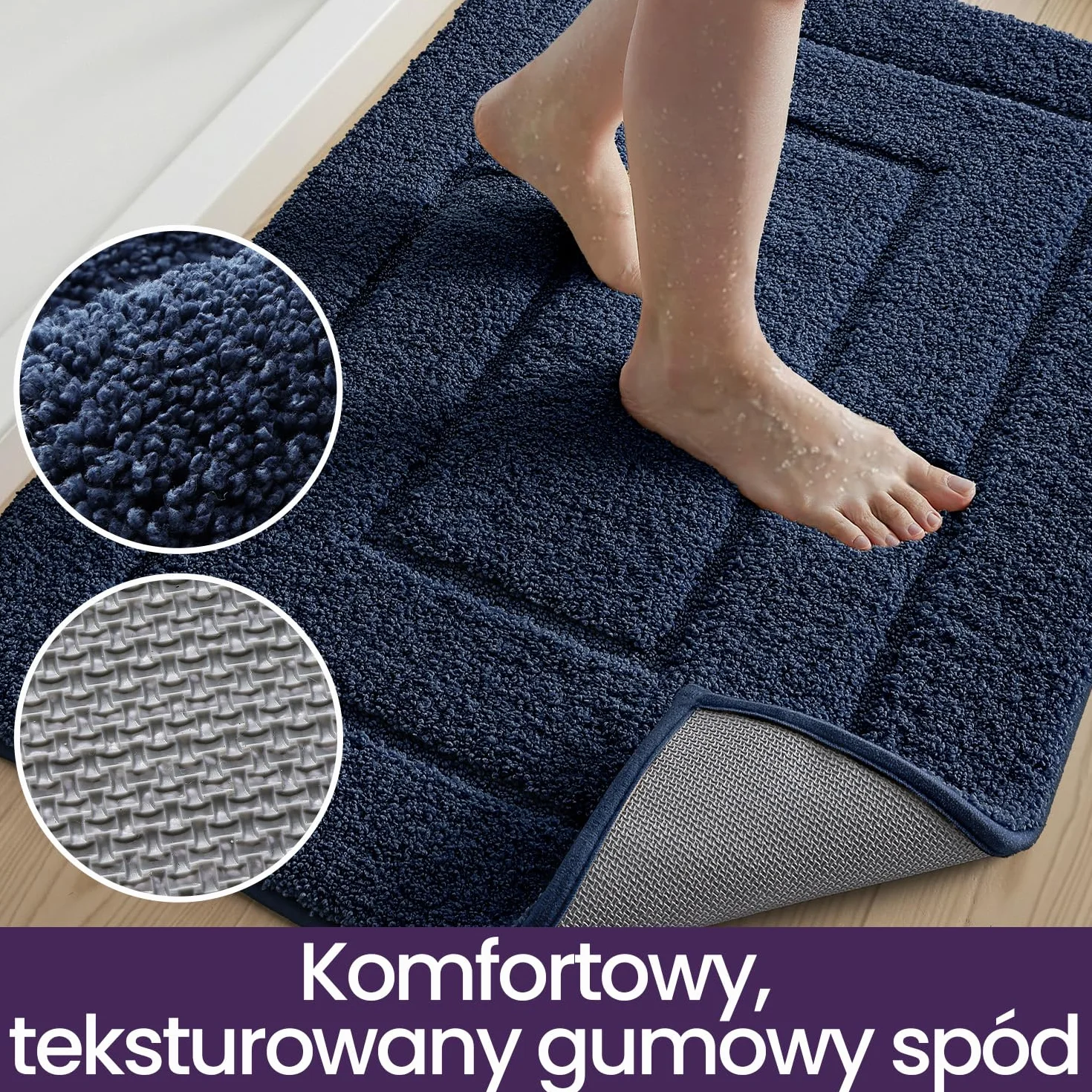 DEXI Antypoślizgowy, miękki dywanik łazienkowy, pochłaniający wodę, mata łazienkowa można prać w pralce, pod prysznic, wannę i toaletę, kolor granatowy, 50 x 80 cm
