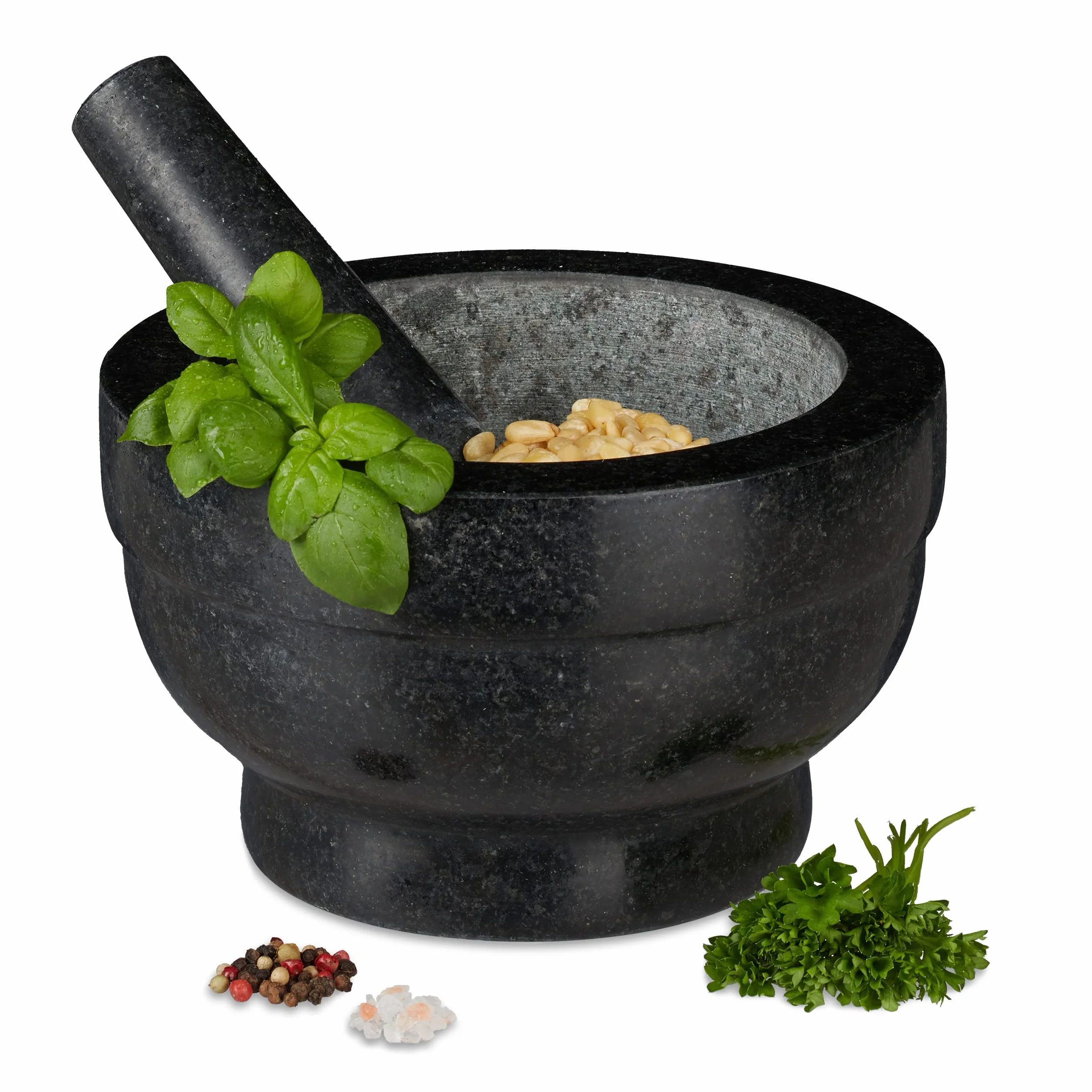 Relaxdays Moździerz Granitowy XXL z Tłuczkiem 5,6 kg Ø 20 cm 1 L Czarny