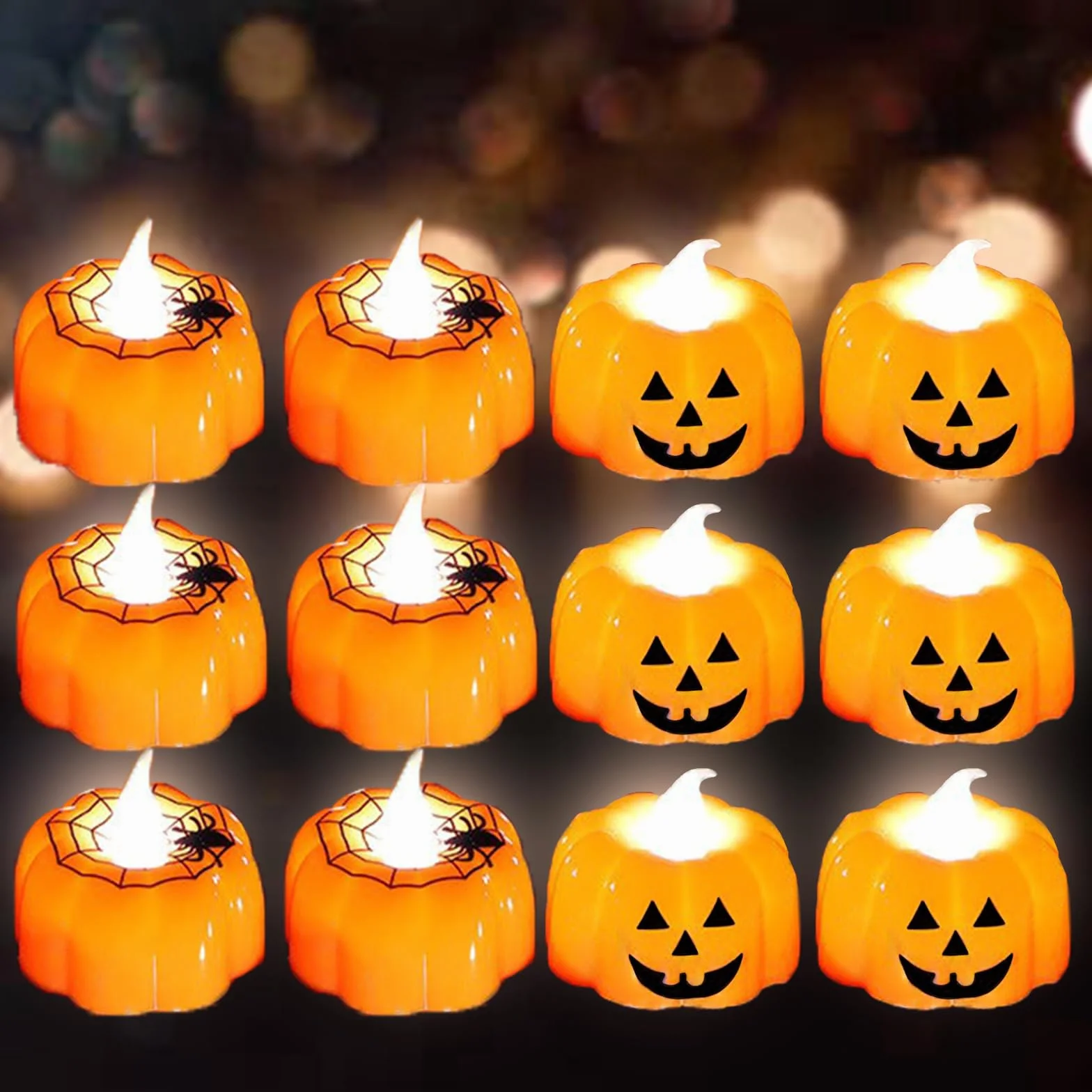 KEELYY 12 sztuk podgrzewaczy LED na Halloween, bez płomienia, w kształcie dyni, na baterie, dekoracja na Halloween, imprezę, na zewnątrz