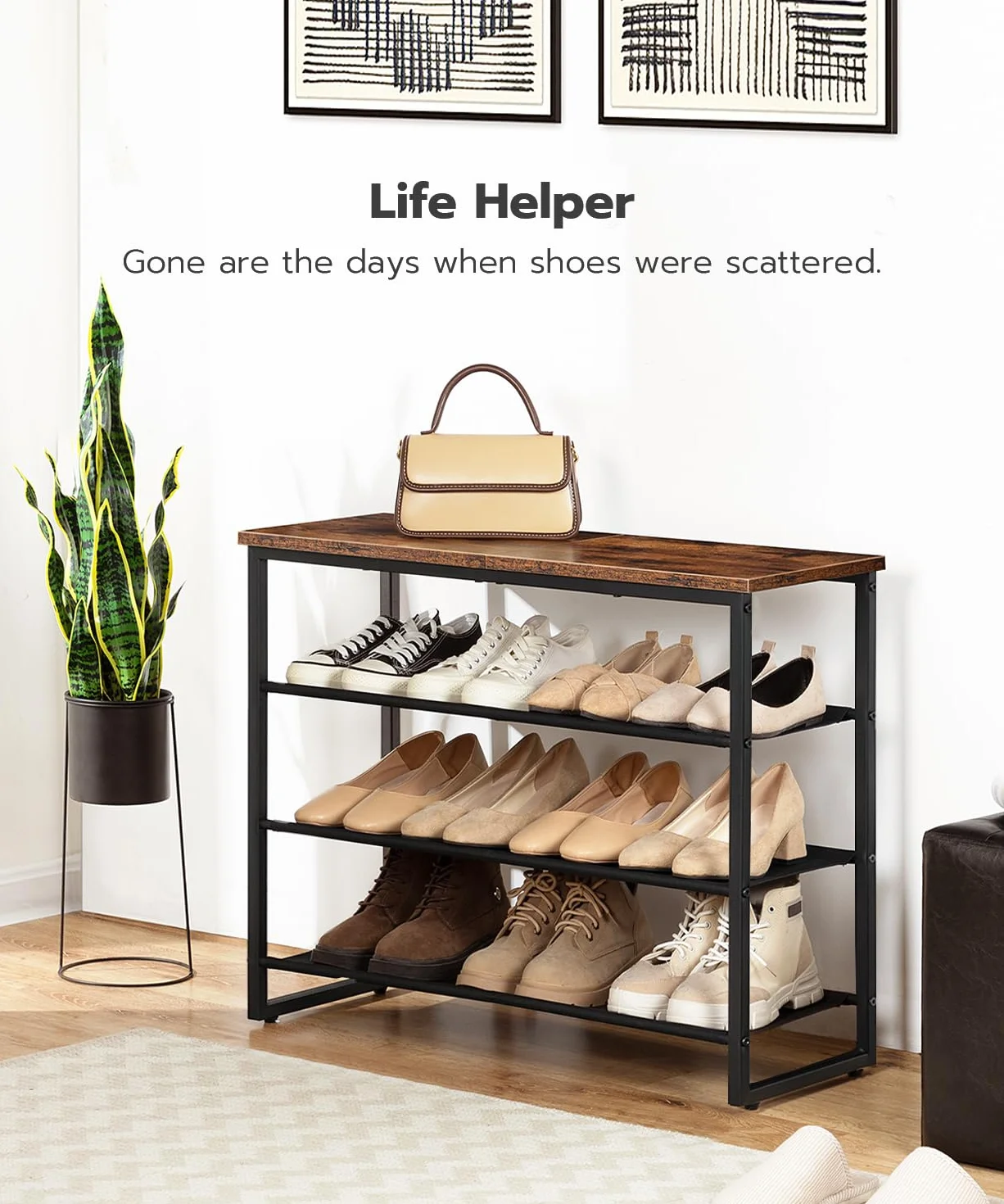 HOOBRO Stojak na buty, 4-poziomowy organizer do przechowywania butów z 3 półkami z tkaniny Oxford i górnym panelem, mieści 12-16 par butów do przedpokoju i szafy, industrialny, rustykalny brązowy