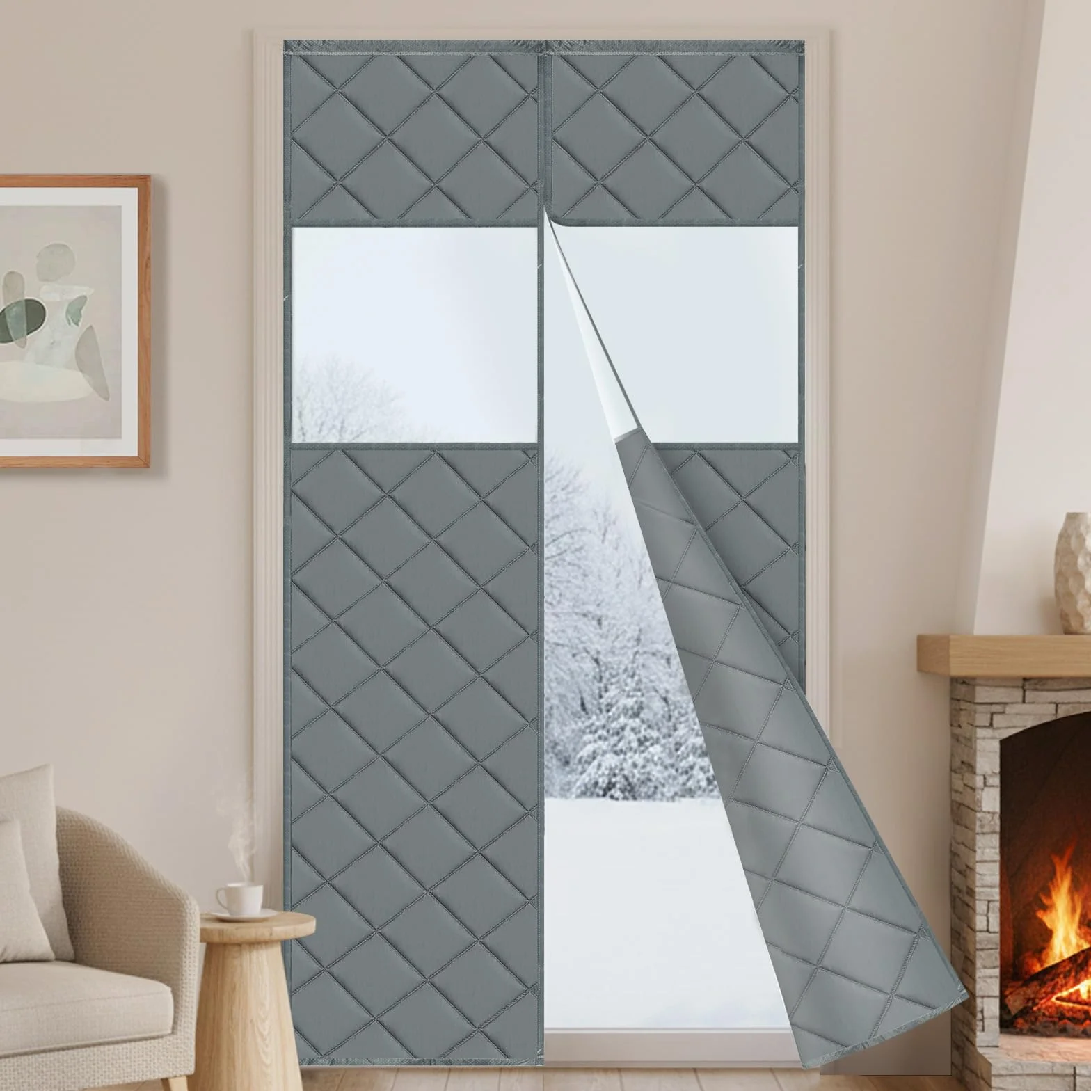 Magnetyczna zasłona na drzwi, ochrona przed zimnem, 90 x 210 cm, 420 g/㎡, zasłona termiczna na drzwi, samoprzylepna, z przezroczystym oknem, wodoszczelna, przed zimnem i wysoką temperaturą, do użytku