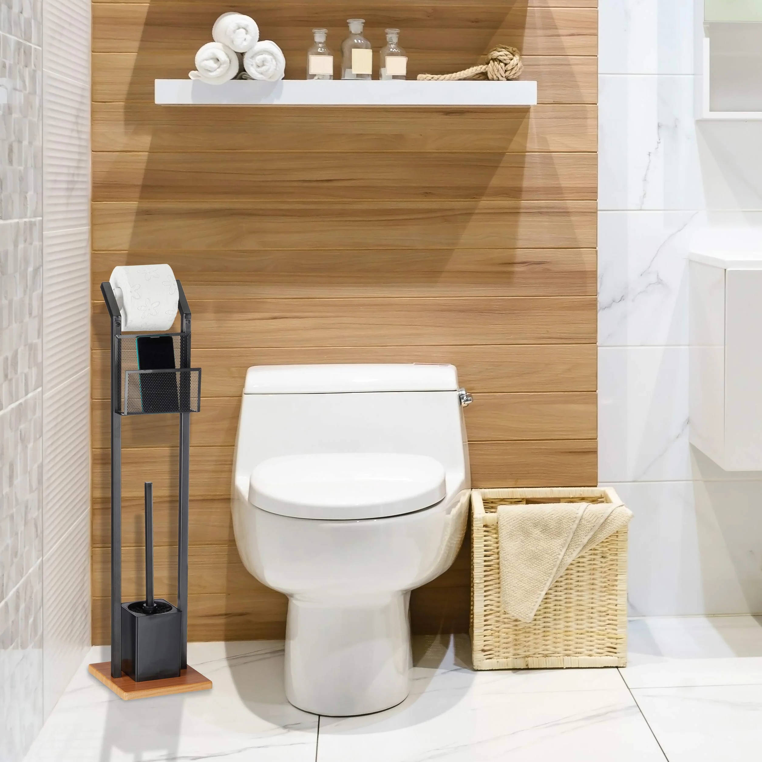 Relaxdays czarny zestaw z półką uchwytem na papier szczotką do WC wys. 78 cm