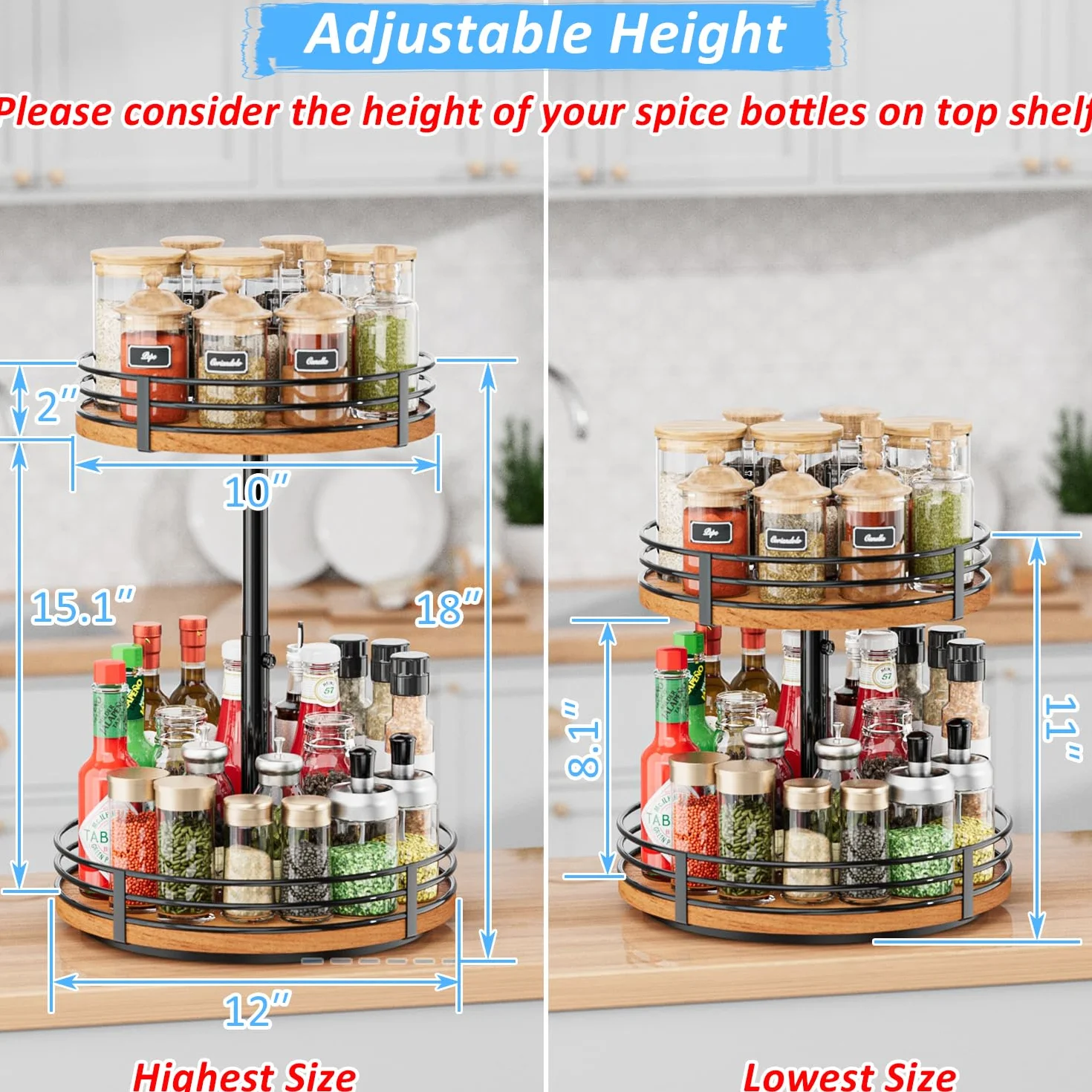 Lazy Susan obrotowy organizer, regulowany, 2-poziomowy drewniany obrotowy stojak na przyprawy, 30 cm, Lazy Susan, do kuchni, szafki, spiżarni, łazienki, kawiarni, baru, przechowywania w domu