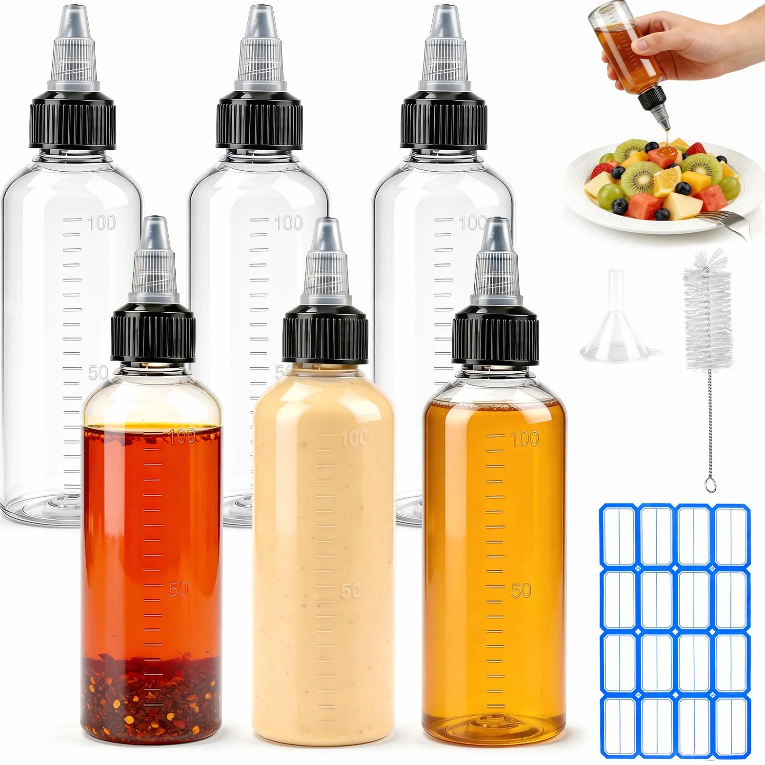 15 szt. 100 ml wyciskanych butelek z dyszami przezroczyste plastikowe butelki do wyciskania przypraw
