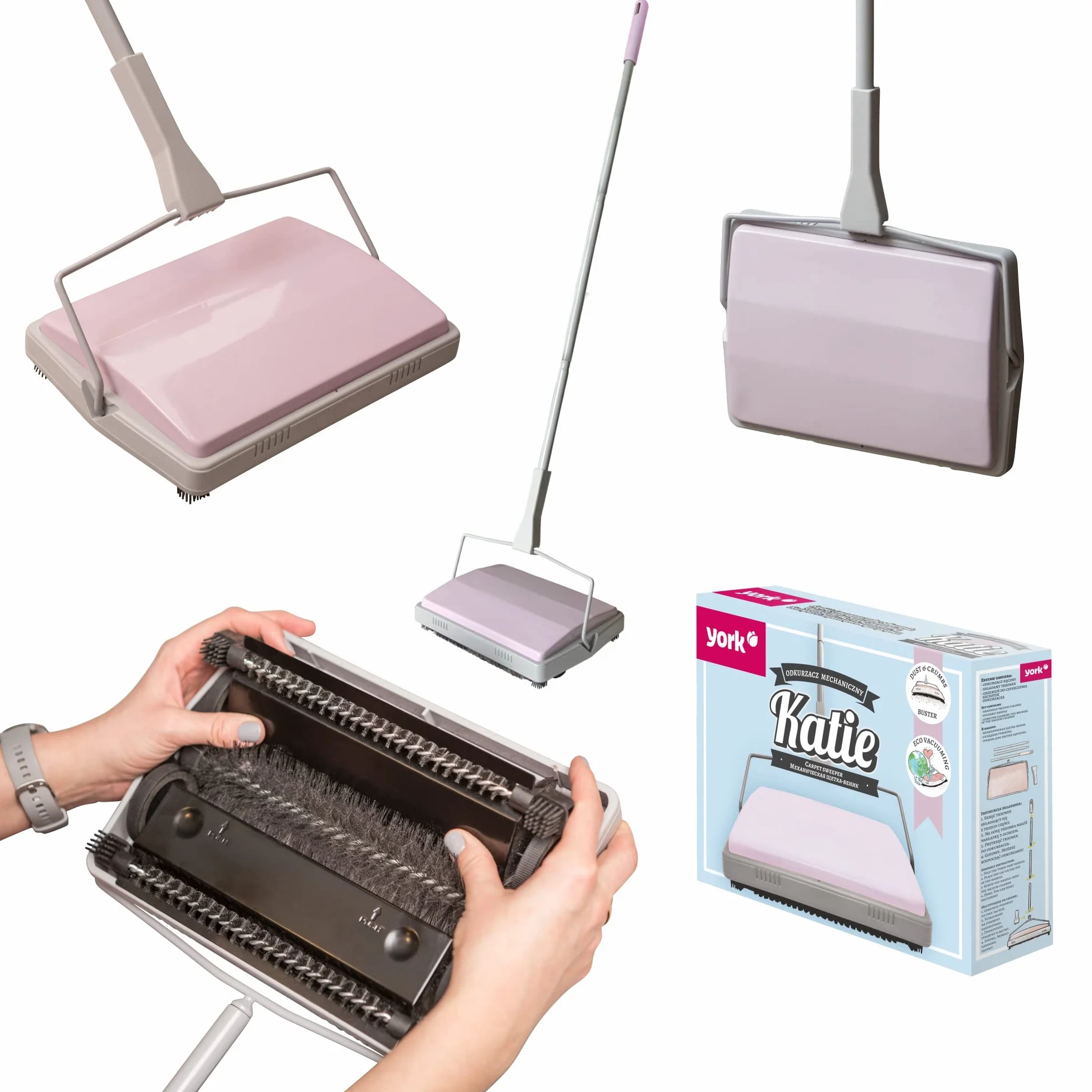 York Miotła mechaniczna wycieczka Miotła do zbierania zabrudzeń Sweep Manual Sweeper Zamiatarka ręczna Mop do dywanów na czterech kołach miękki cienki i kompaktowy szaro-różowy