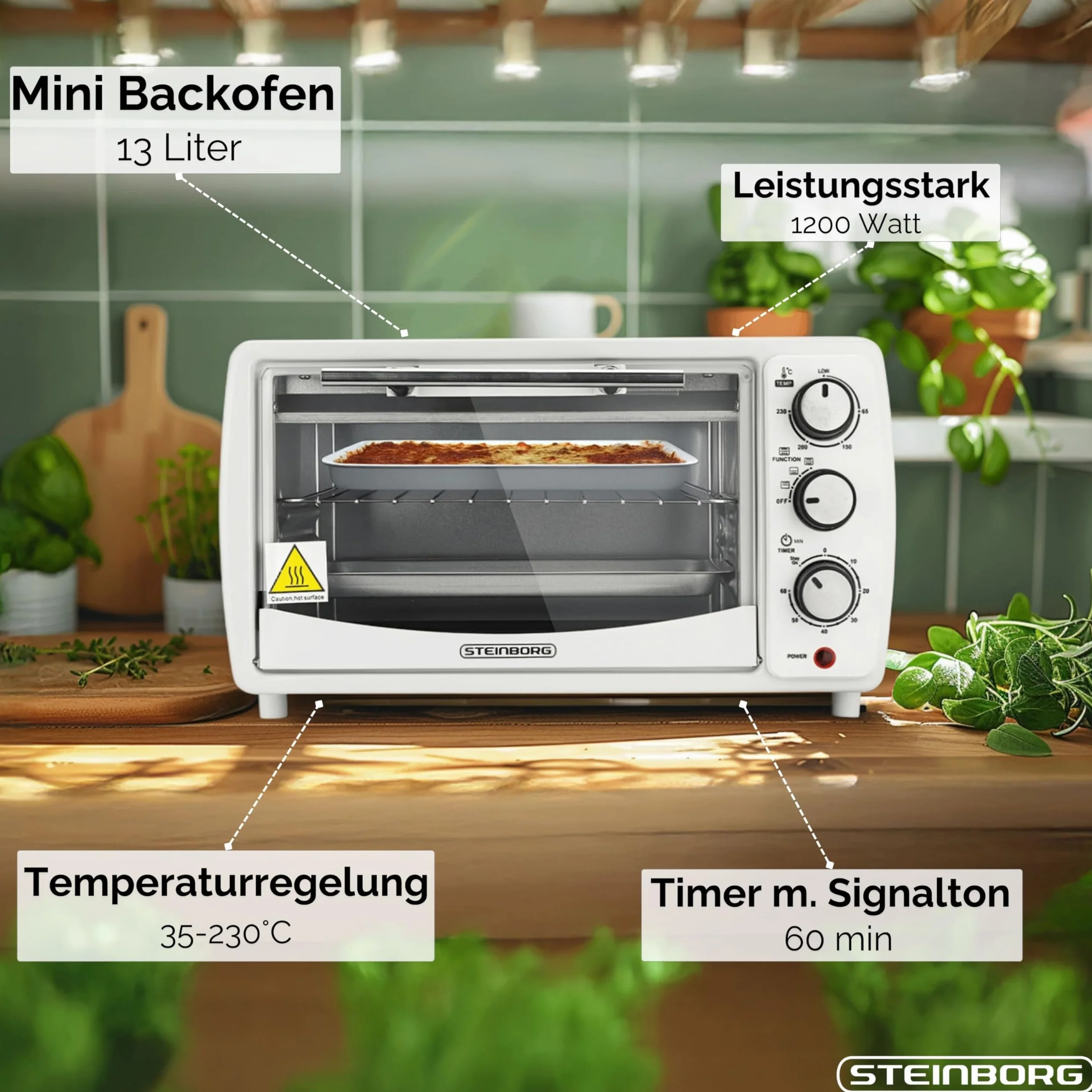 Mini piekarnik 13 l 1200 W 65-230°C timer rozkładana blacha na okruchy