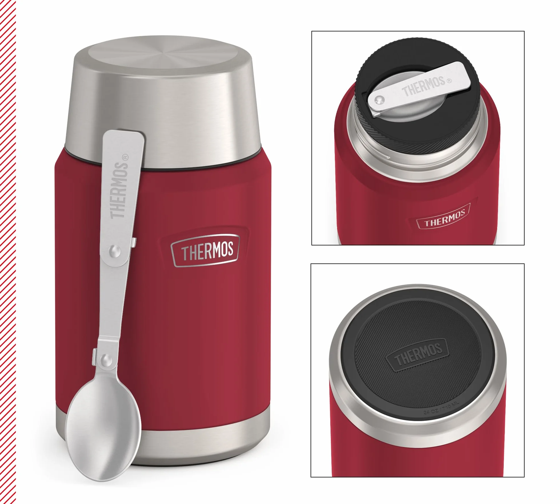 Thermos ICON Food Jar 0,71 l, czerwony/jagodowy mat, naczynie na jedzenie 710 ml, podwójne ścianki ze stali nierdzewnej 18/8, utrzymuje ciepło i zimno, ze składaną łyżką, antypoślizgowe dno,