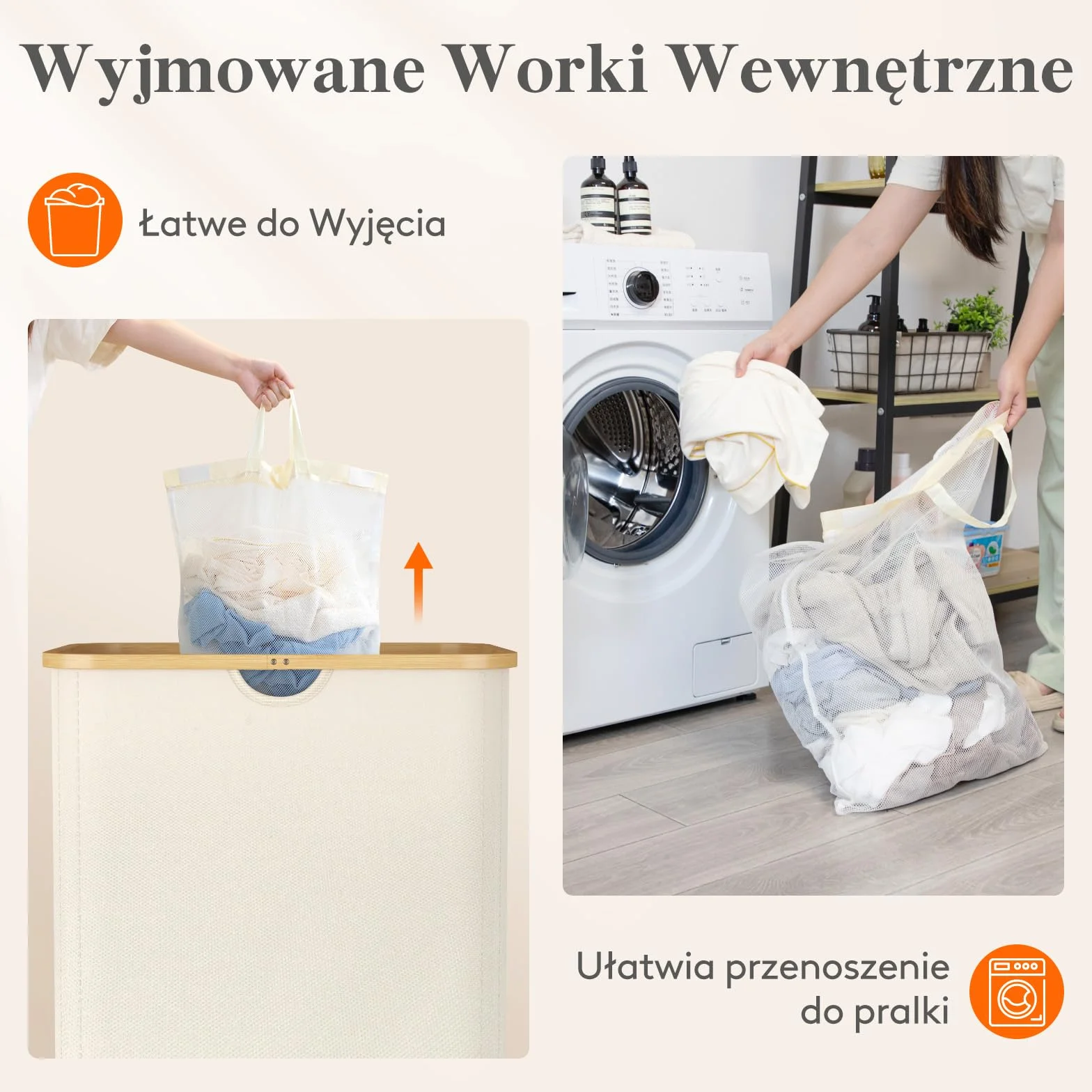 Lifewit Kosz na Pranie z Wyjmowanymi Workami Składany Bambusowy 3 Komory 150L Beżowy