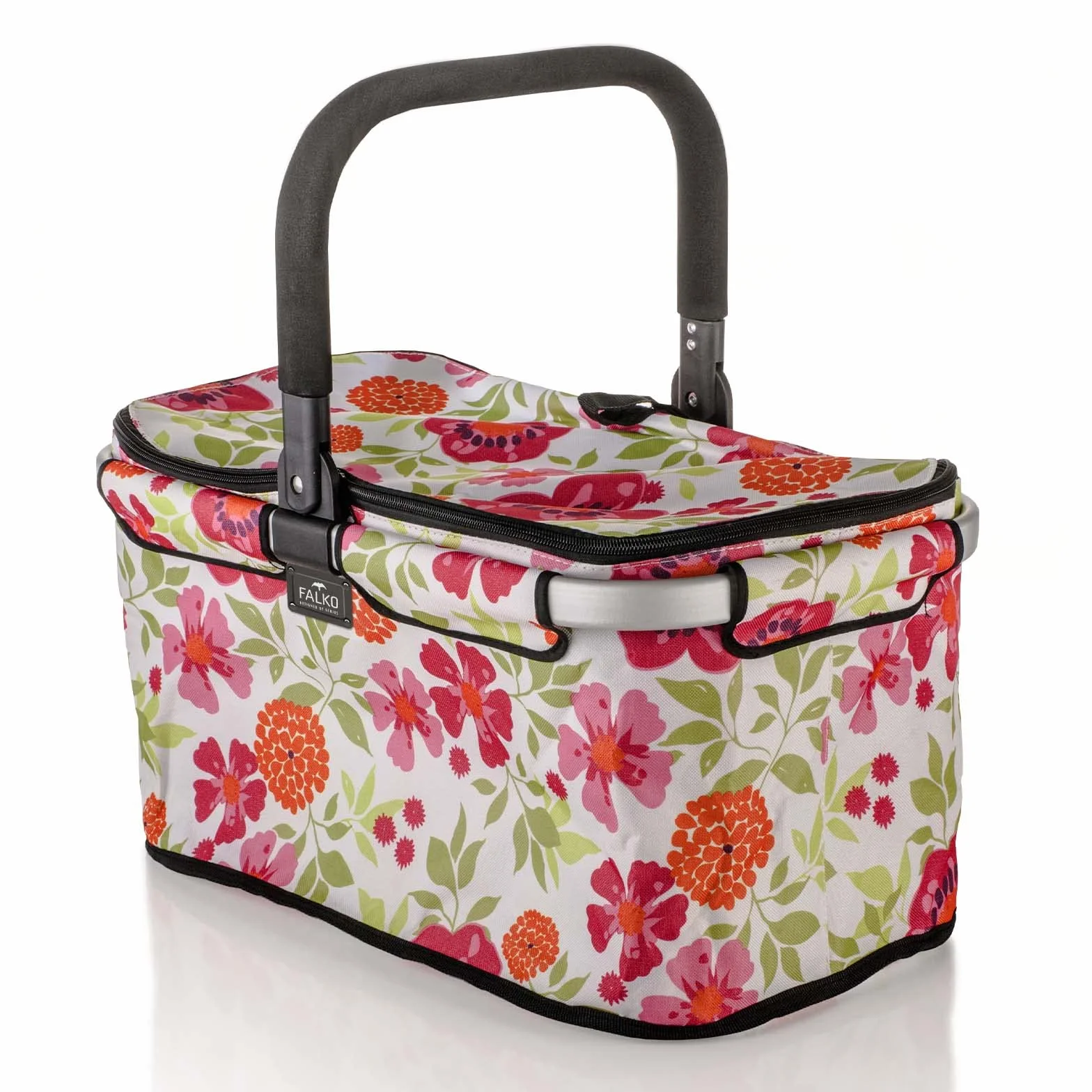 Genius A14360 Falko Premium koszyk na zakupy, 22 l, duży, składany, z pokrywką | kosz do noszenia w podróży z aluminiowym uchwytem, czarno-kolorowy