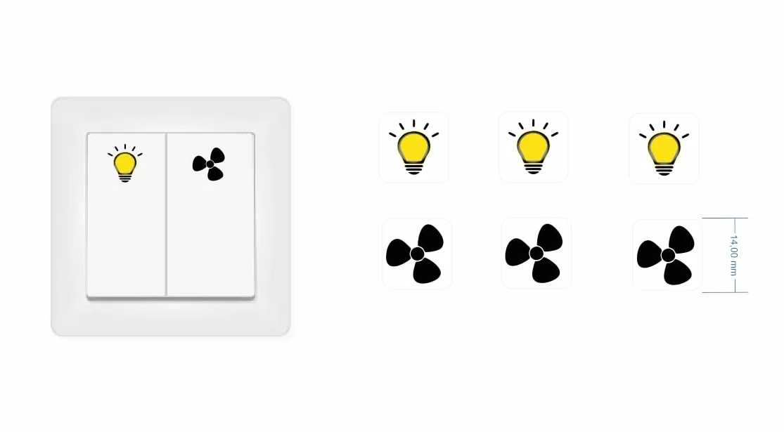 Zestaw naklejek na światło i wentylator, 6 sztuk, symbole na włącznik światła (RP8/2) (14 mm)