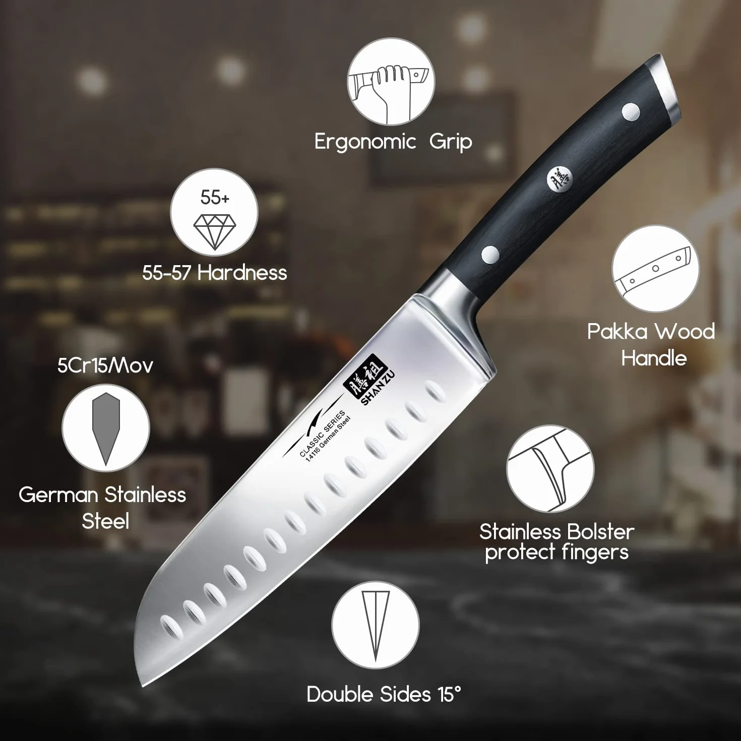 SHAN ZU nóż Santoku 18 cm niemieckie noże ze stali nierdzewnej o wysokiej zawartości węgla - seria klasyczna…