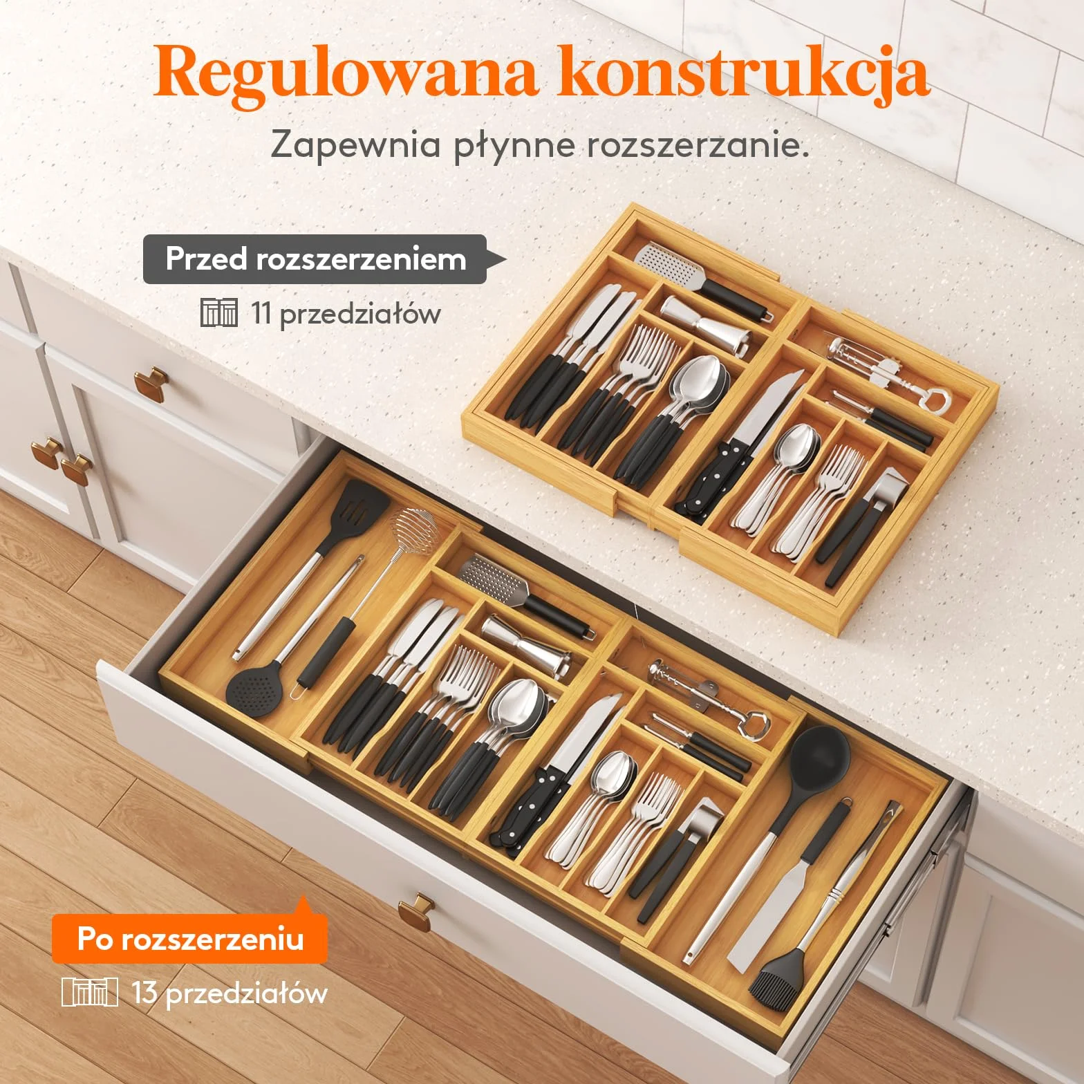 Lifewit Bambusa Organizer do Szuflady Kuchennej Regulowany 54.4-91.4 cm Szerokość 40 cm Głębokość