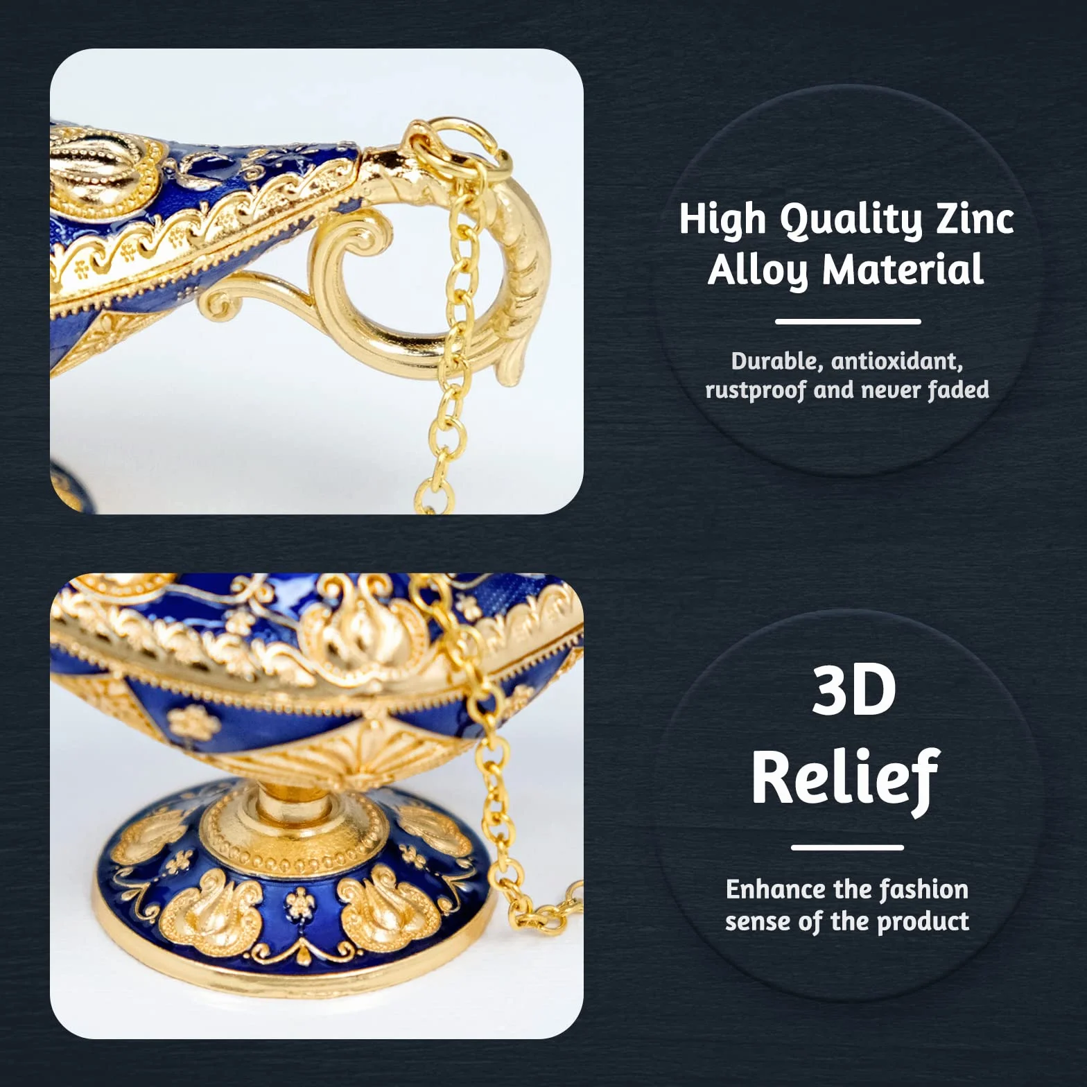 Genie Aladdin Mini Cudowna Lampa - Rzeźbiona Złota Dekoracja, Klasyczny Artykuł Dekoracyjny, Olejowa Lampa Genyjna - Złoty Błękit, 12 x 4 x 6,3 cm