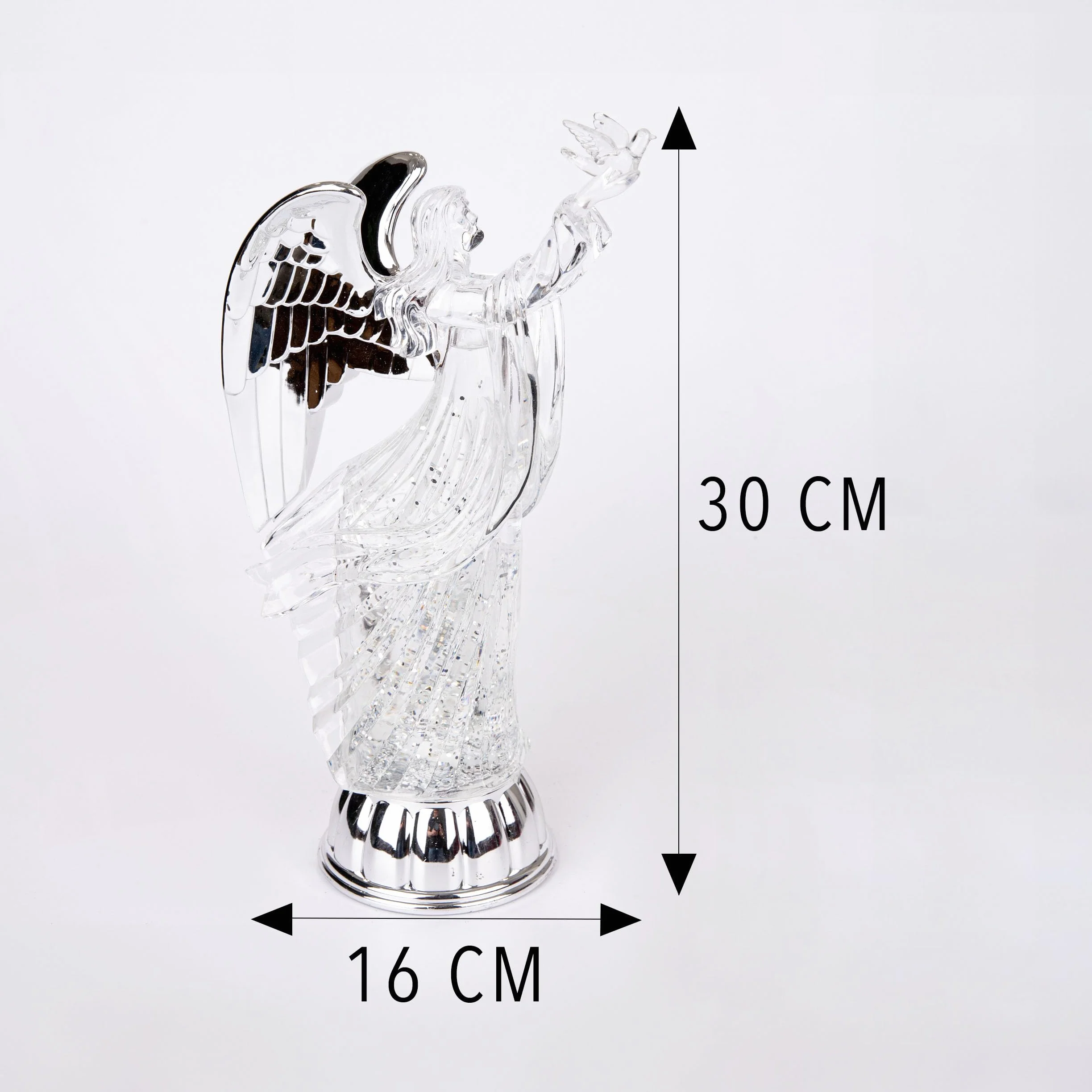 SHATCHI 30 cm LED świecąca figurka anioła – na cieście wirujący brokat obracający się na wodzie kula śnieżna - akrylowa ozdoba na stół Boże Narodzenie dekoracje do domu, powierzchnia boczna