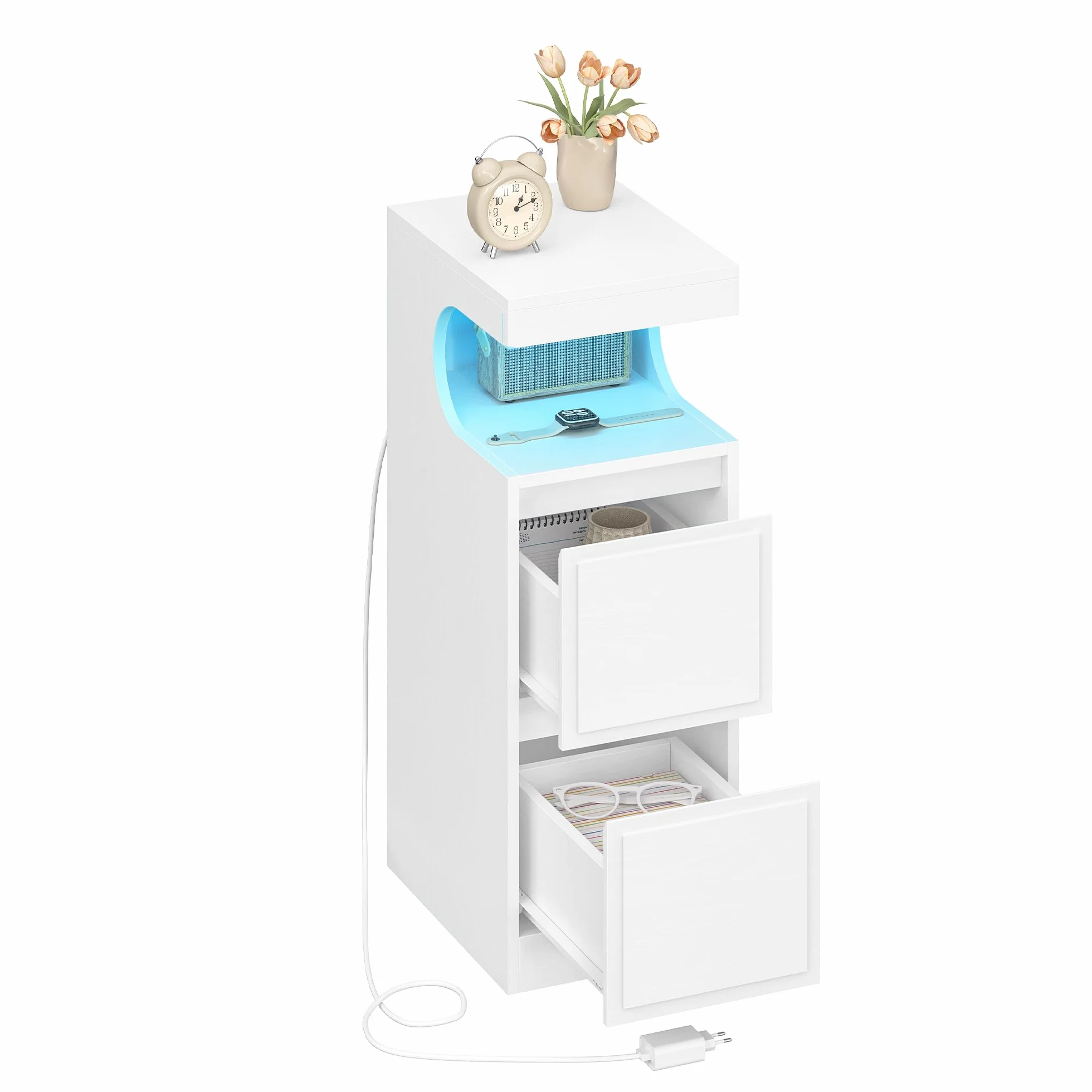 Hzuaneri Stolik Nocny z LED, Stolik Nocny z 2 Szufladami, Stolika Nocnego z otwartą Komorą w kształcie Litery U, Regulowane oświetlenie, do Sypialni, Salonu, 30 x 24 x 65 cm Biały NS39113X