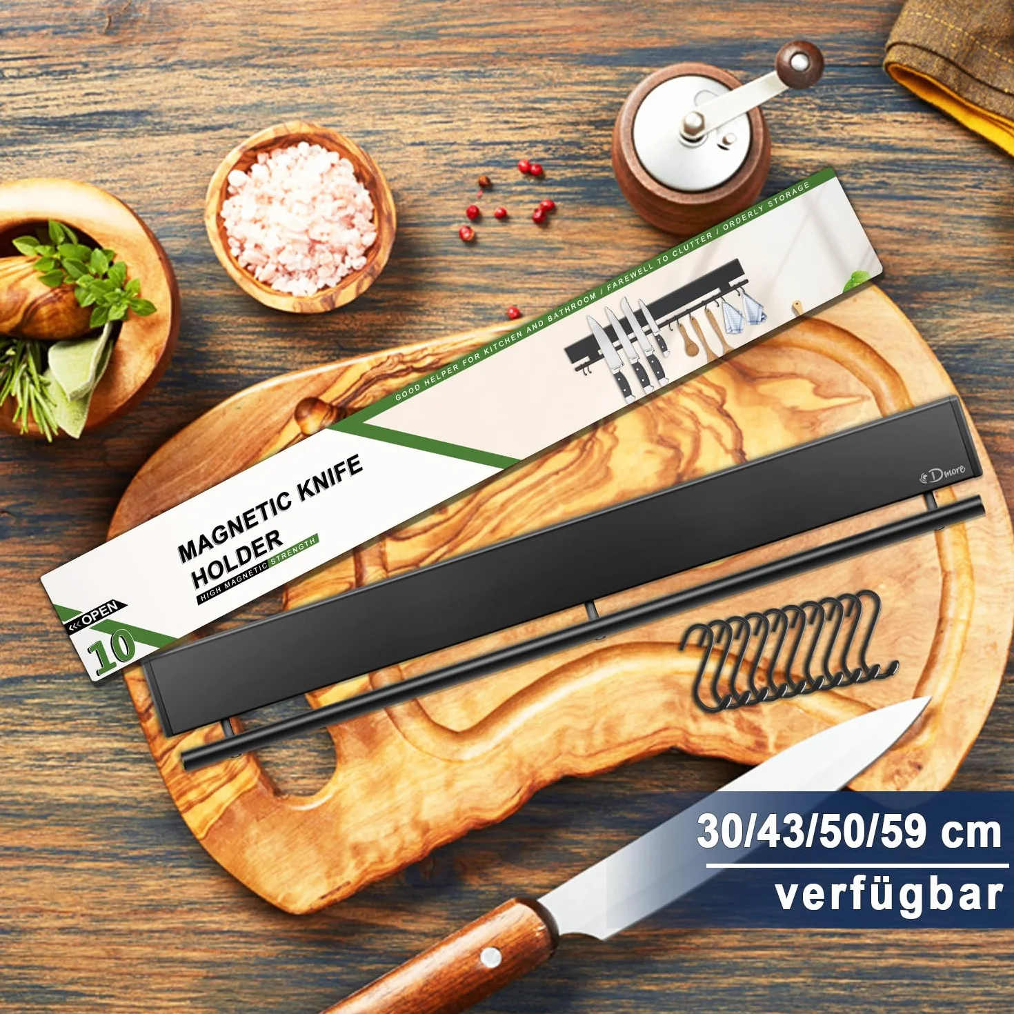 Dmore Listwa magnetyczna na noże z 10 haczykami, 43 cm, uchwyt na noże magnetyczne, czarne, z listwą z haczykami, bardzo samoprzylepny, magnetyczny uchwyt na noże, łącznie z taśmą klejącą i śrubami