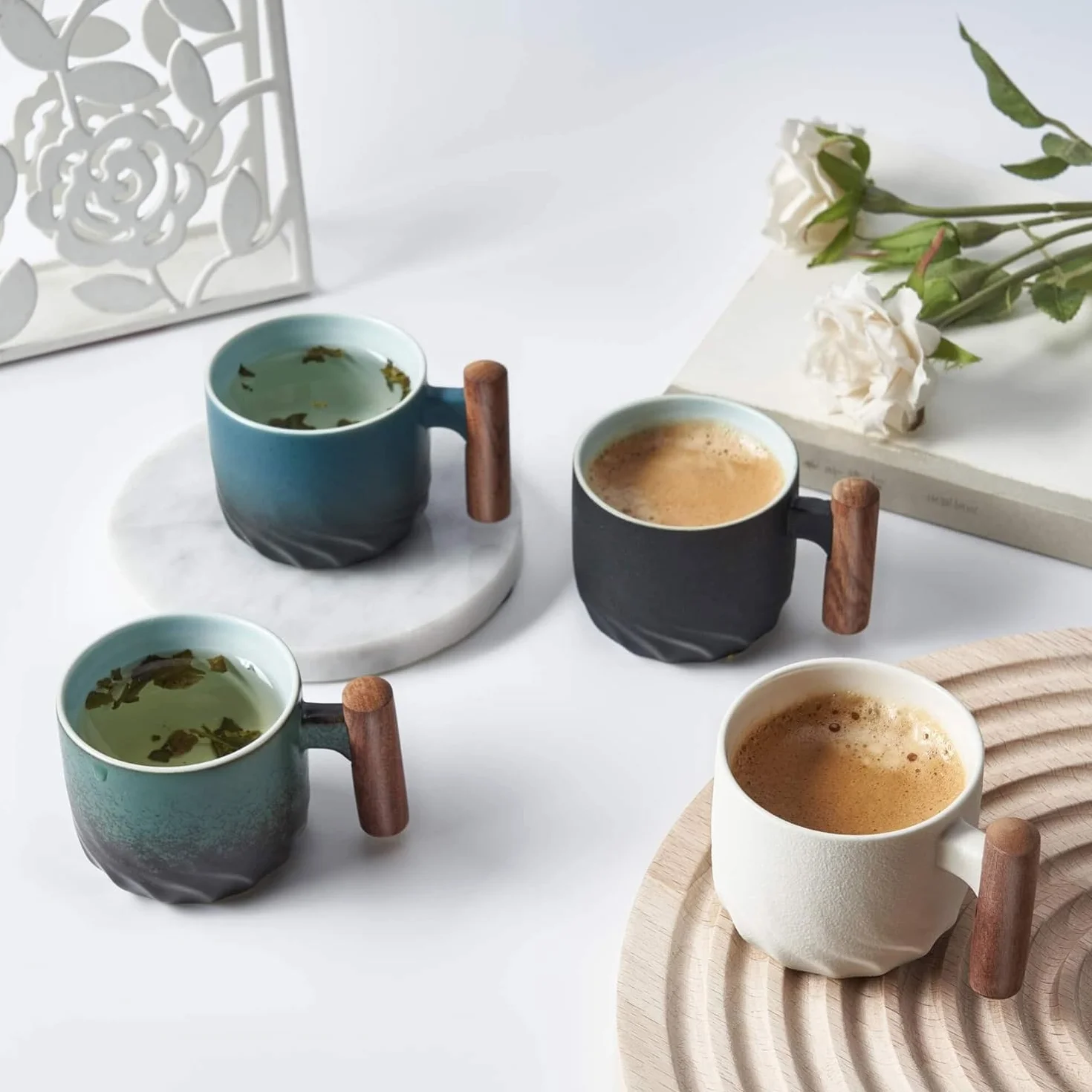 ERBO Zestaw 4 filiżanek do espresso 70 ml, filiżanki premium do espresso z uchwytem, mini filiżanki do herbaty, filiżanki do kawy z ceramiki, małe filiżanki do espresso, filiżanki do kawy do espresso