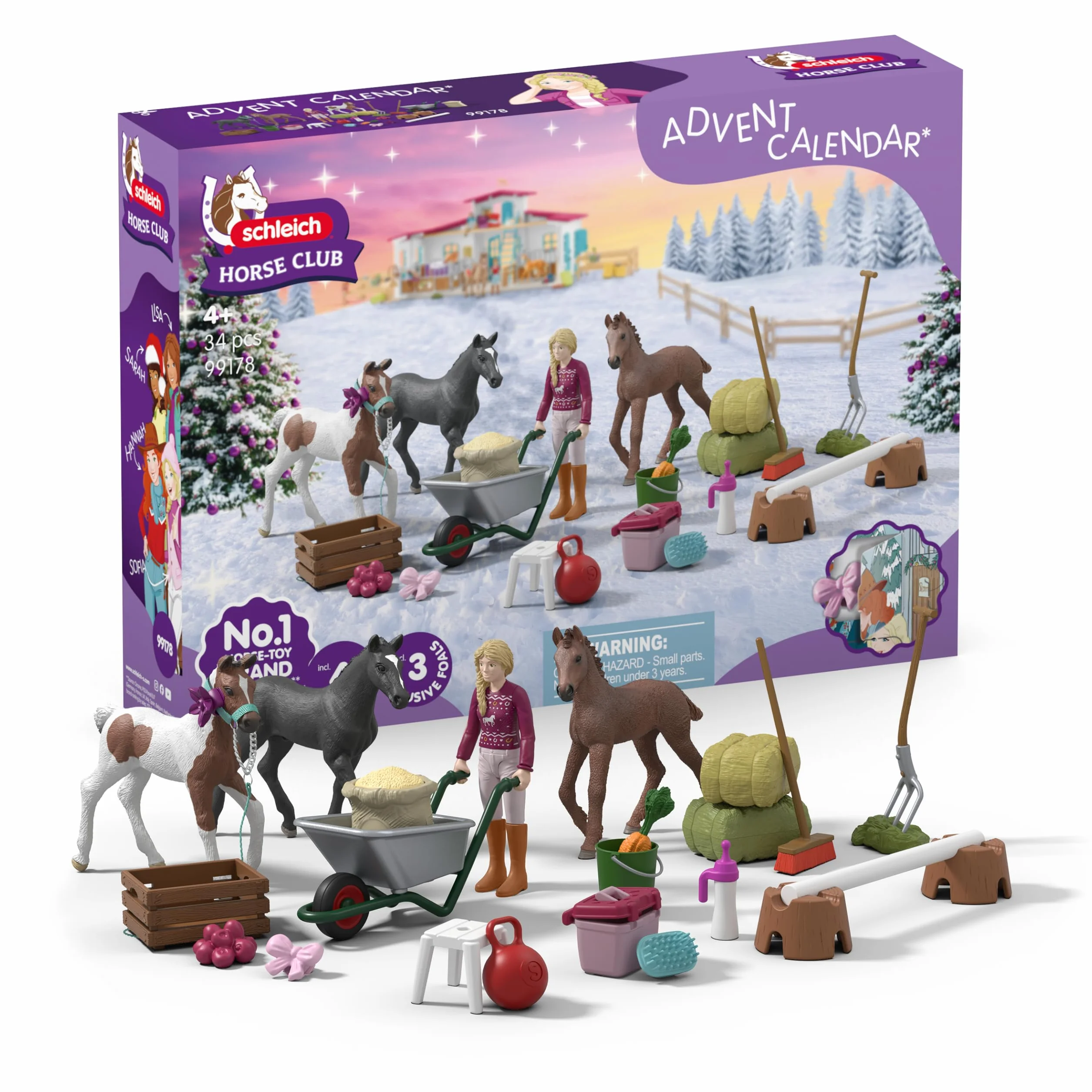 schleich HORSE CLUB | Kalendarz adwentowy HORSE CLUB 2025 – Cud Bożonarodzeniowy Wychów Źrebiąt 99178 | Z ruchomą figurką Sofii, 3 ekskluzywnymi źrebiętami | Prezent od 5 lat | 34 elementy