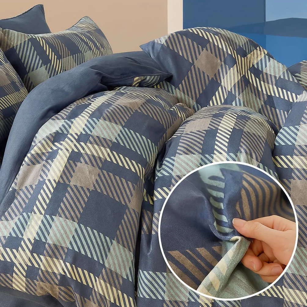 Komplet pościeli bawełnianej 3-częściowy – Granatowy w geometryczną kratę | 100% bawełna, miękka i oddychająca pościel z 2 poszewkami 70x80 cm | Dostępne rozmiary: 140x200, 160x200, 220x200 (160*200)
